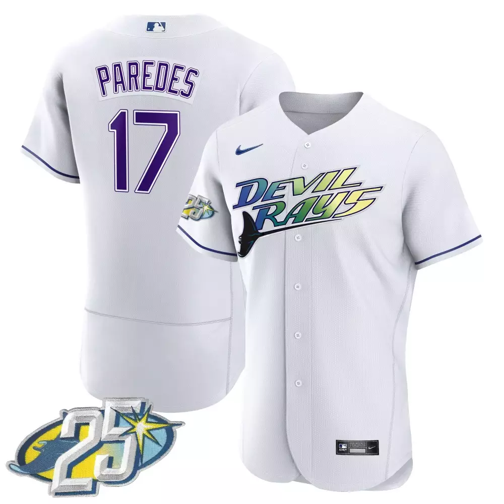 isaac paredes white gold mens tampa bay rays 25th anniversary patch cool base v2 jersey all stitched