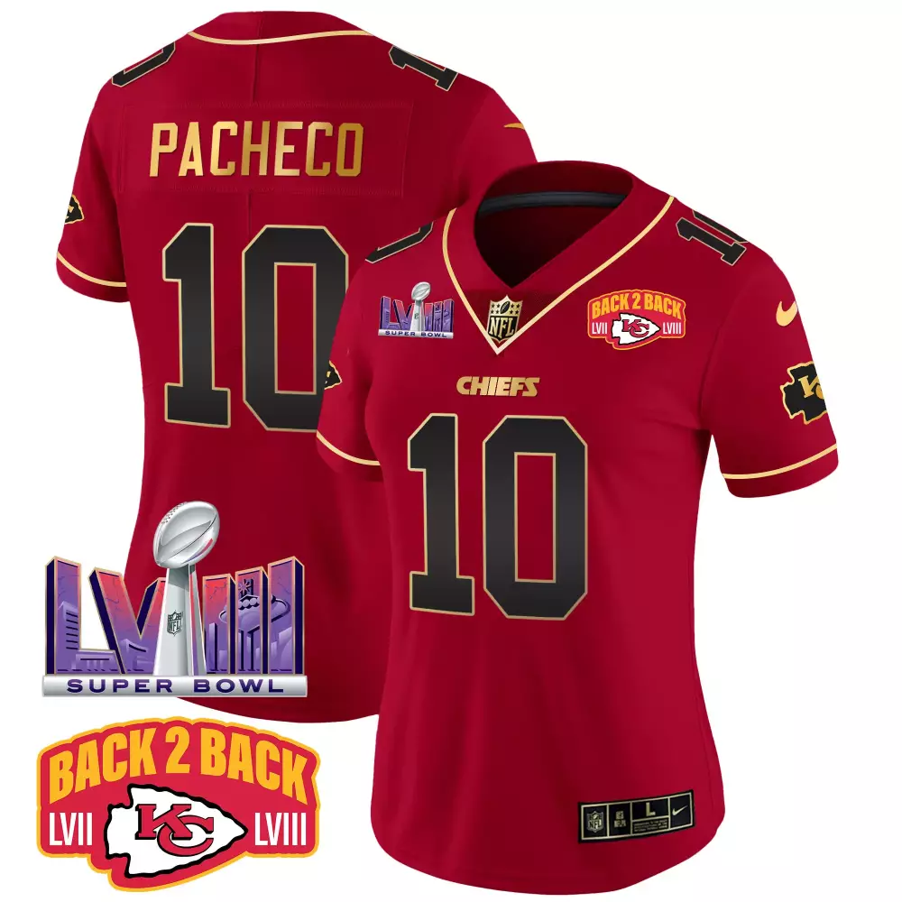 isiah pacheco red special womens kansas city chiefs super bowl lviii back 2 back gold patch vapor jersey all stitched