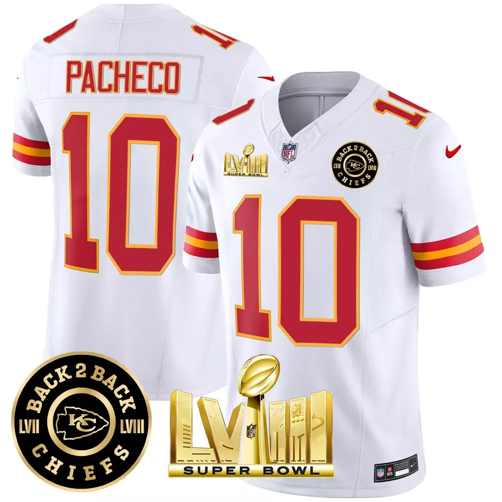 isiah pacheco white mens kansas city chiefs super bowl lviii back 2 back patch vapor jersey v3 all stitched