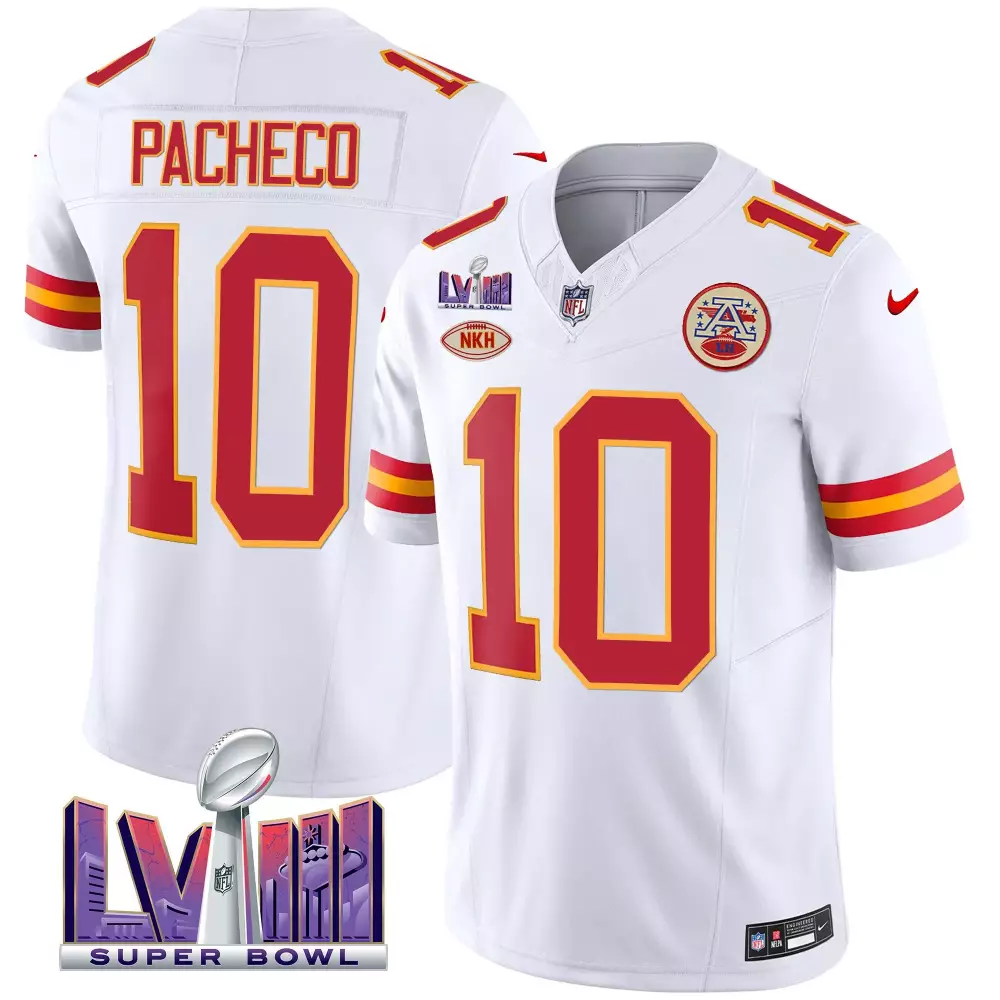 isiah pacheco white mens kansas city chiefs super bowl lviii back 2 back patch vapor jersey v3 all stitched