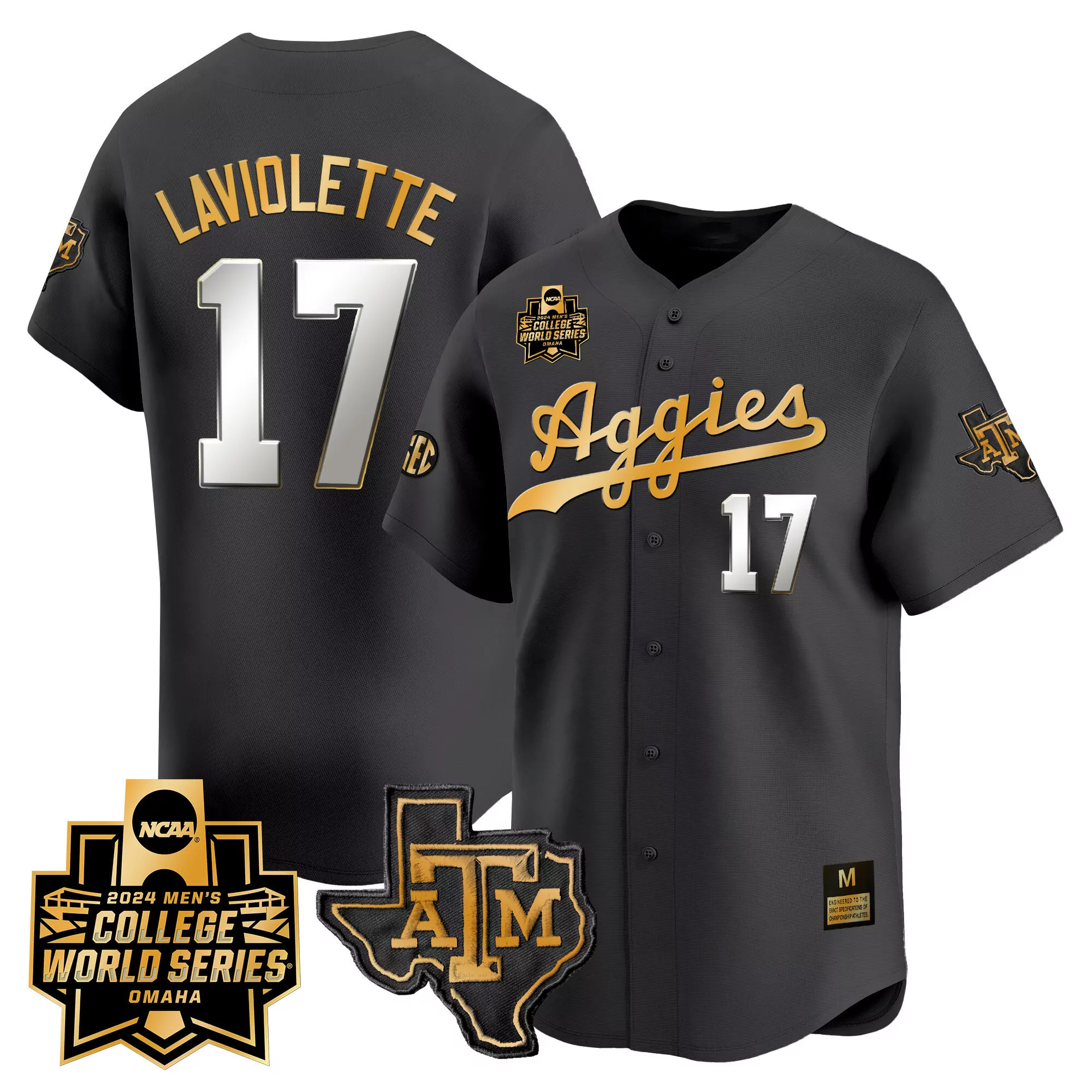 jace laviolette black gold mens texas am aggies 2024 college world series vapor premier limited jersey all stitched
