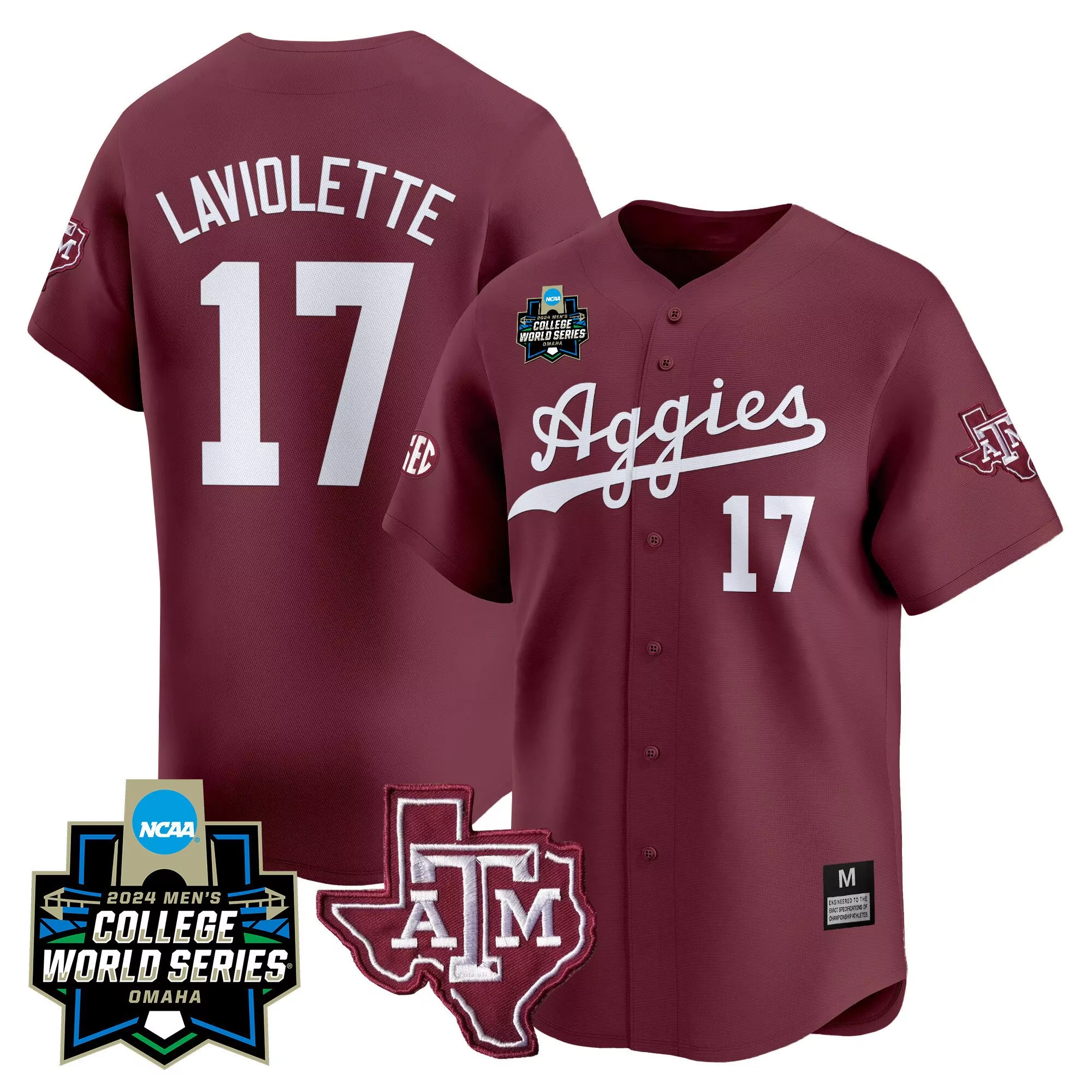 jace laviolette maroon mens texas am aggies 2024 college world series vapor premier limited jersey all stitched