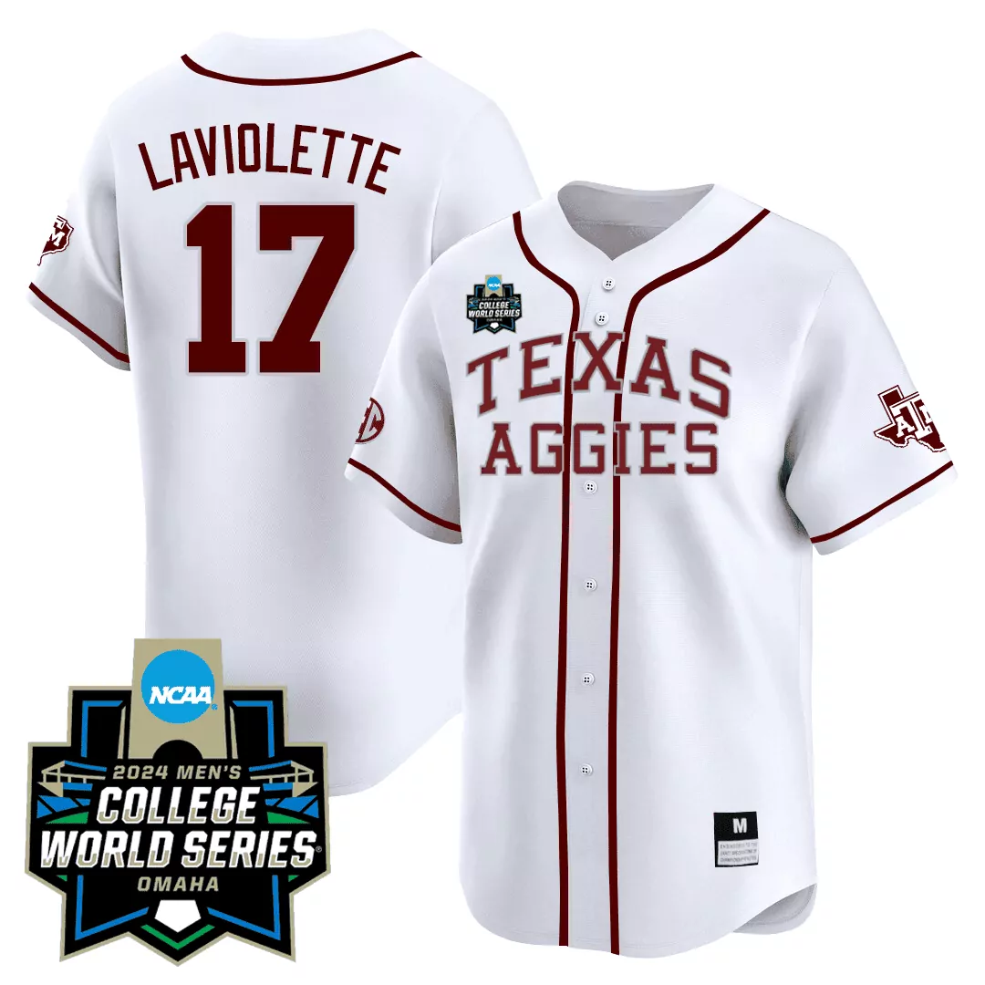 jace laviolette white alternate mens texas am aggies 2024 college world series patch vapor premier limited jersey all st