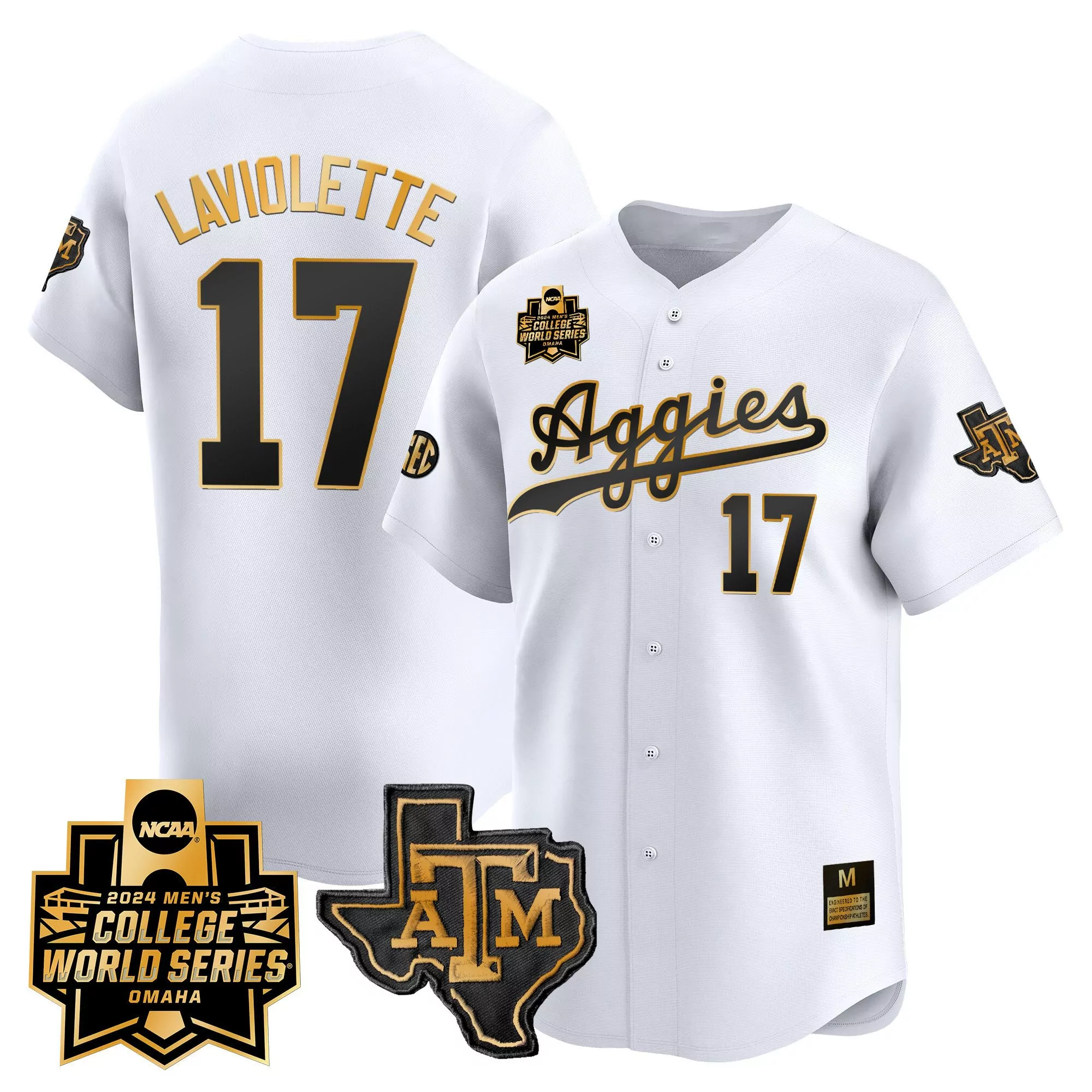 jace laviolette white alternate mens texas am aggies 2024 college world series patch vapor premier limited jersey all st
