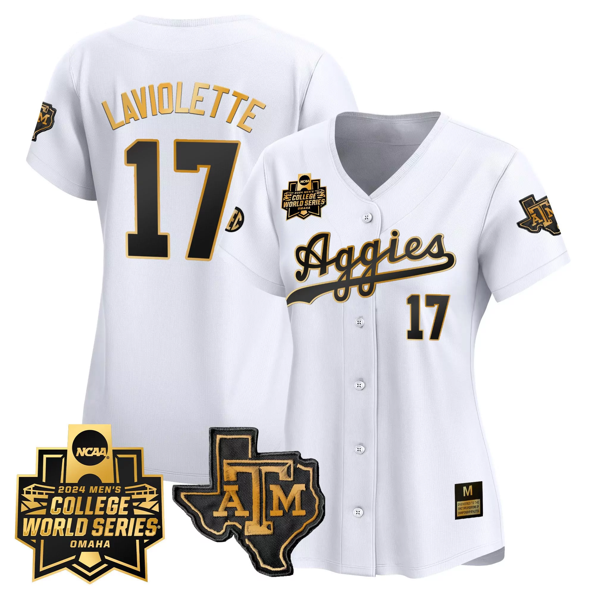 jace laviolette white alternate mens texas am aggies 2024 college world series patch vapor premier limited jersey all st