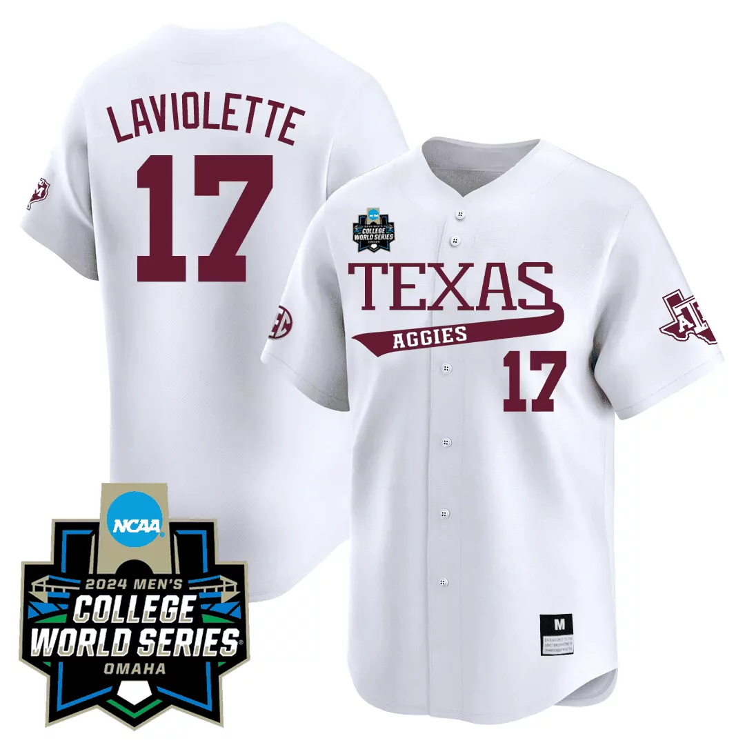 jace laviolette white alternate mens texas am aggies 2024 college world series patch vapor premier limited jersey all st