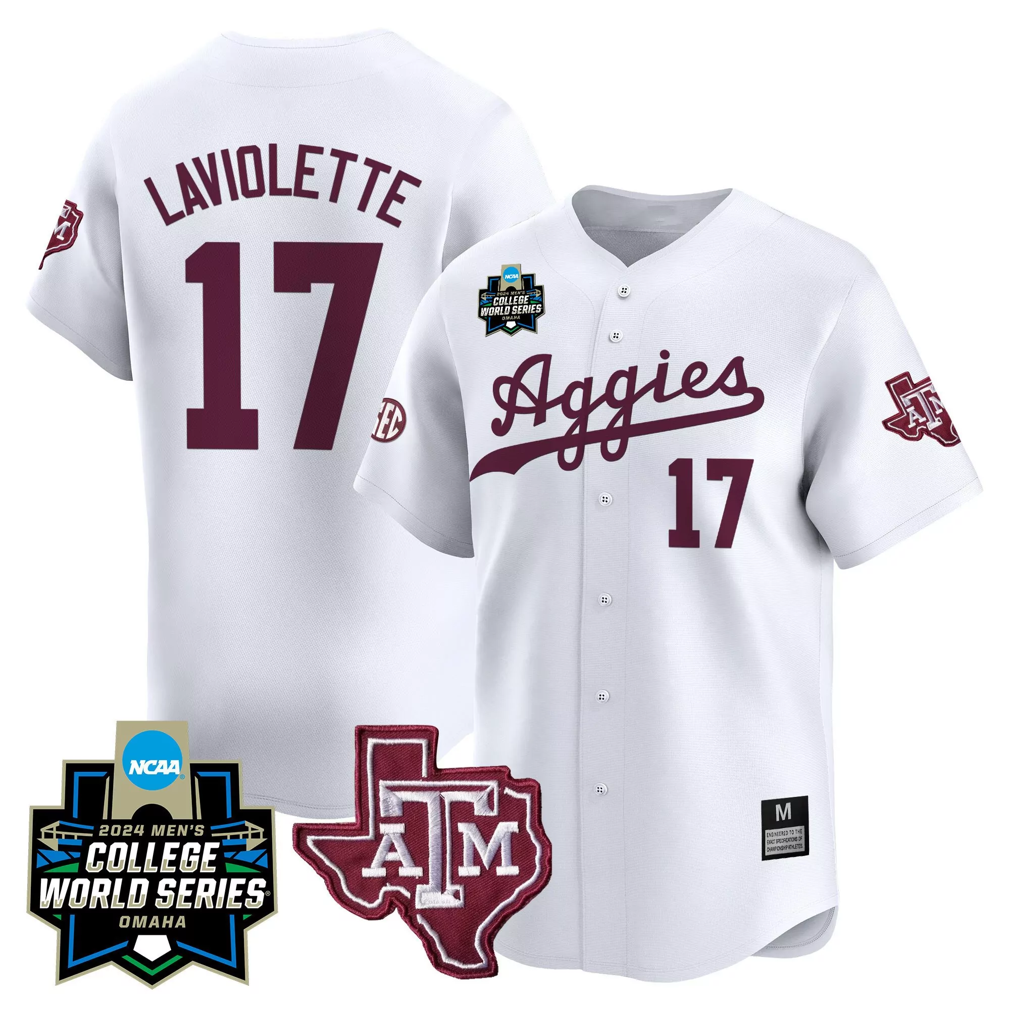 jace laviolette white alternate mens texas am aggies 2024 college world series patch vapor premier limited jersey all st