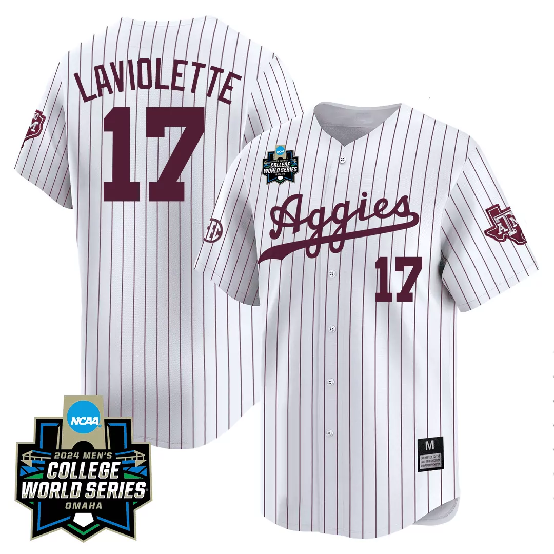 jace laviolette white pinstripe mens texas am aggies 2024 college world series patch vapor premier limited jersey all st