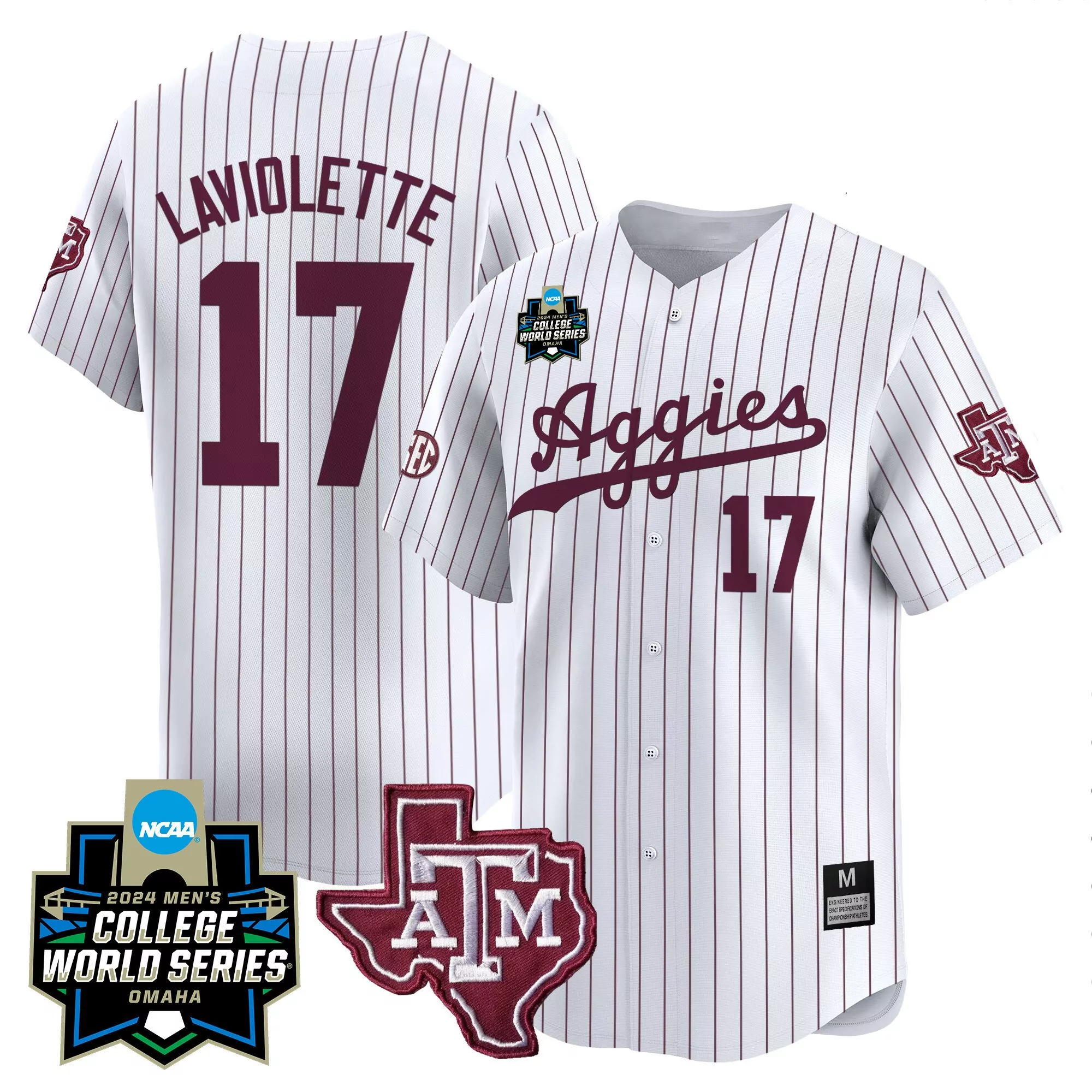 jace laviolette white pinstripe mens texas am aggies 2024 college world series patch vapor premier limited jersey all st