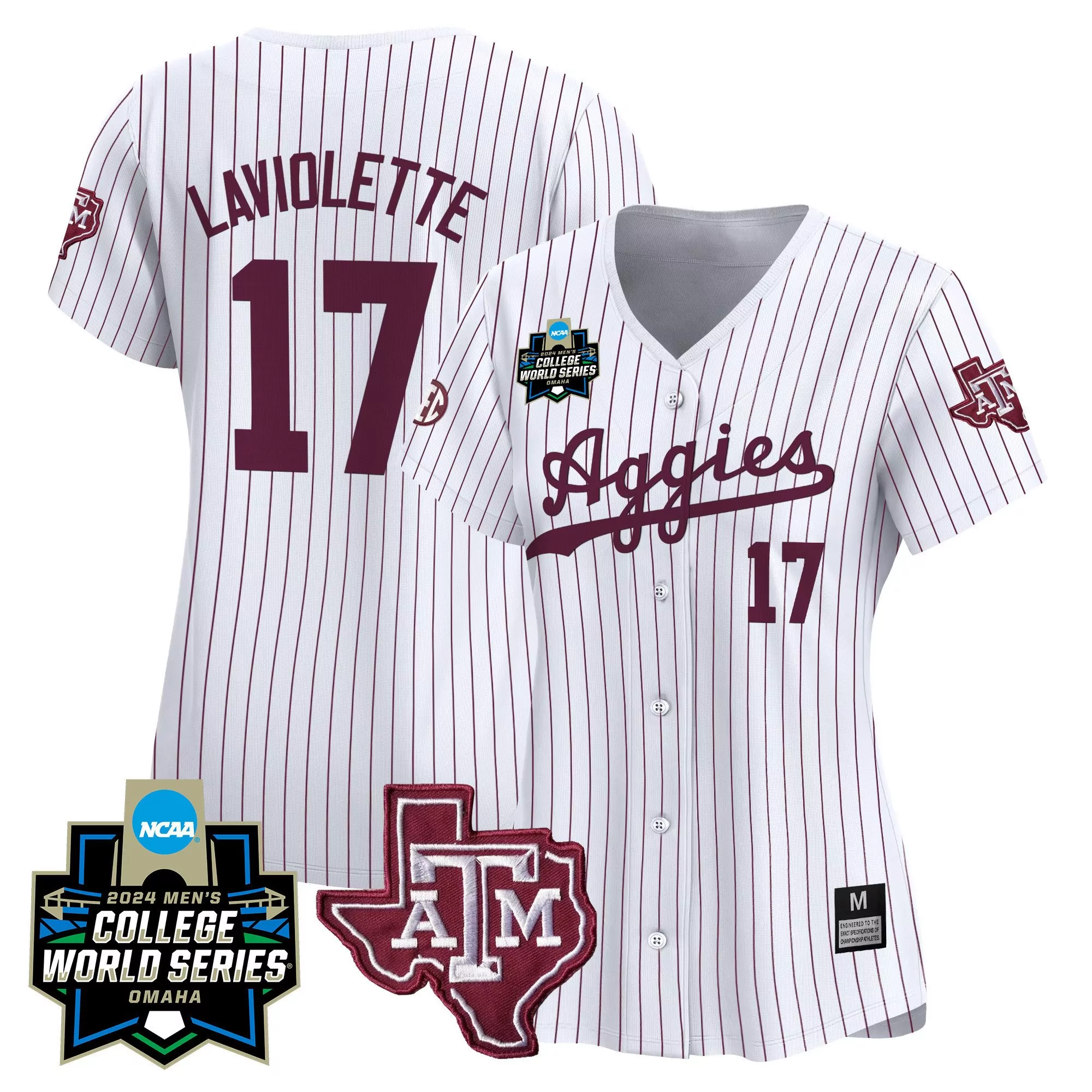 jace laviolette white pinstripe mens texas am aggies 2024 college world series patch vapor premier limited jersey all st