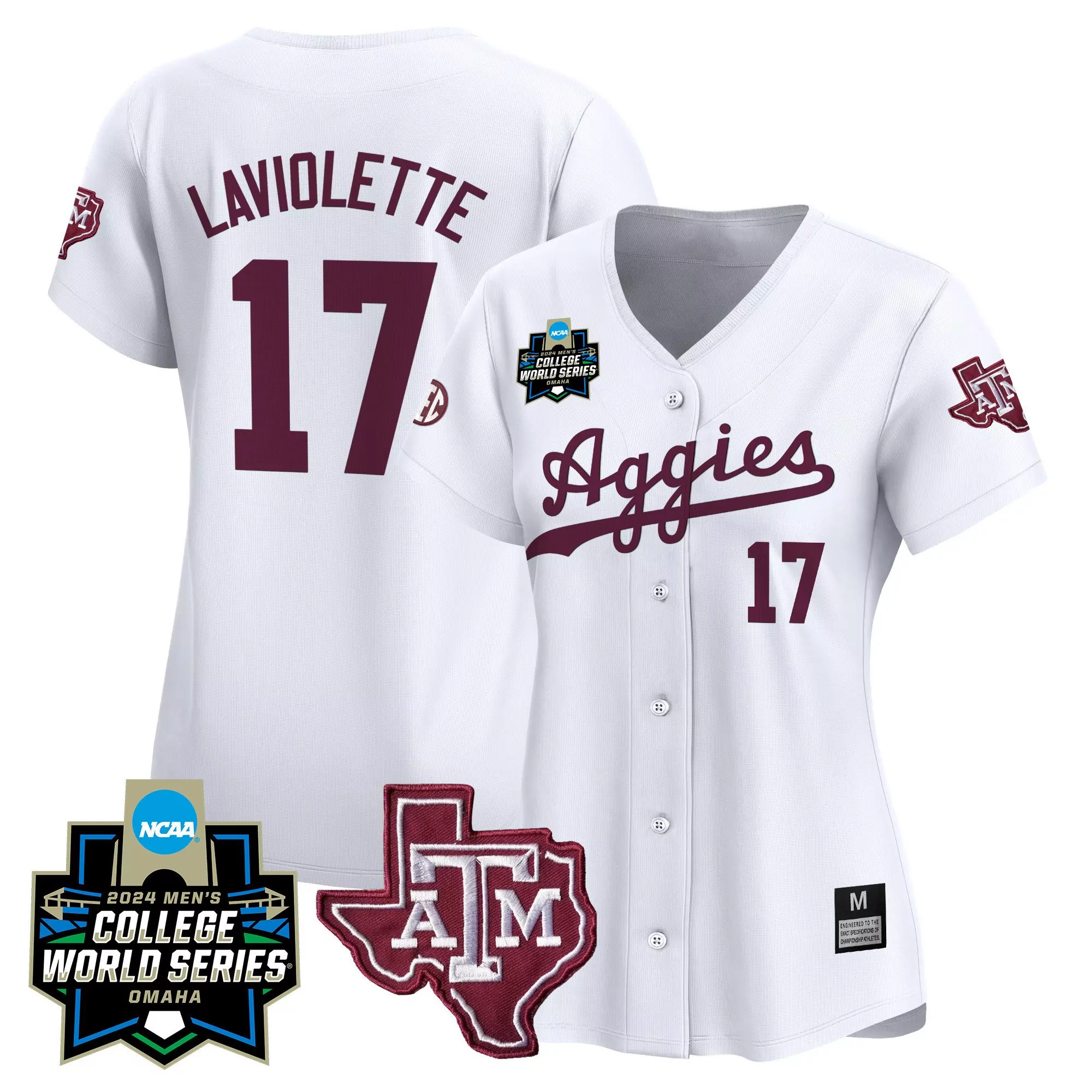 jace laviolette white pinstripe mens texas am aggies 2024 college world series patch vapor premier limited jersey all st