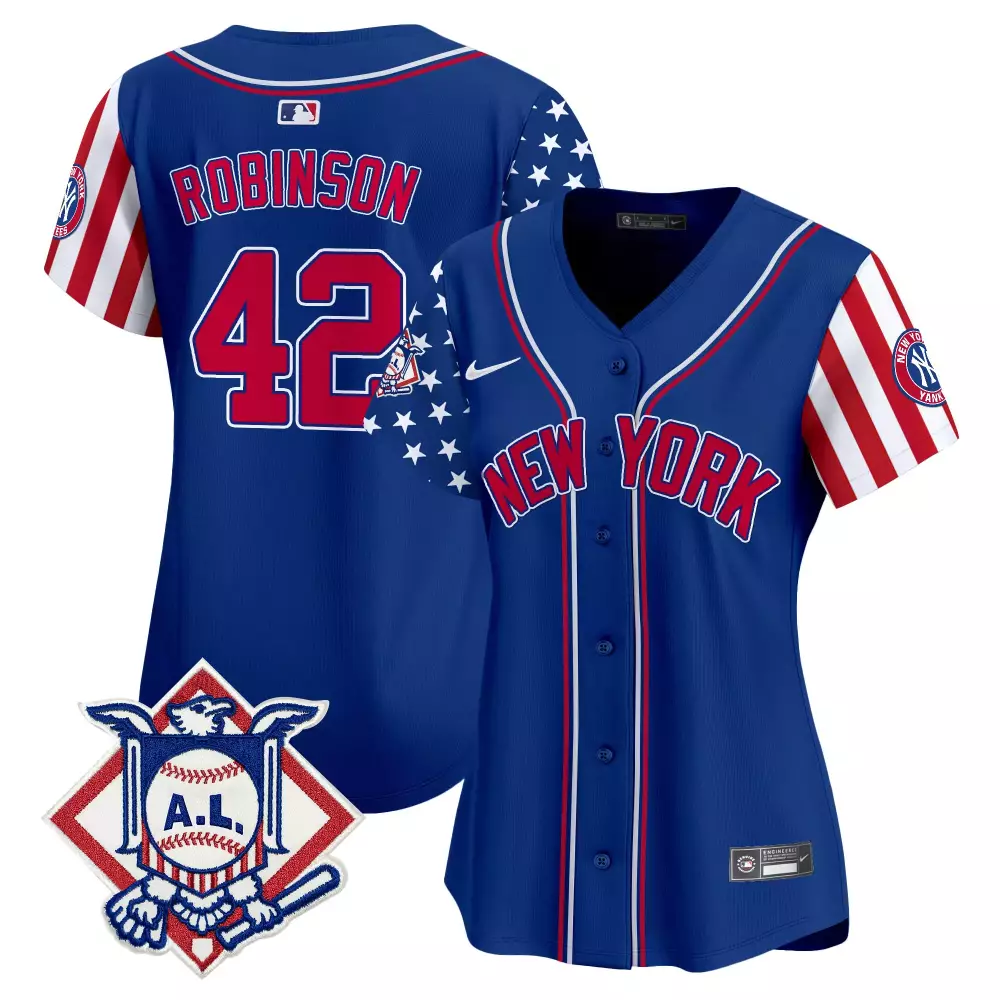 Jackie Robinson Royal Yankees 2024 Fourth of July Jersey V5 | Vapor Premier Limited Edition | Stitched Fan Gear | For Men, Women & Youth
