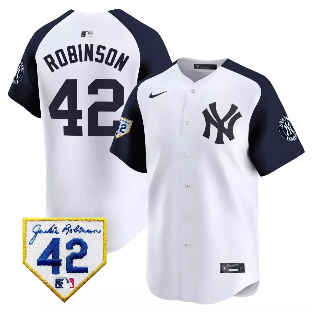 Jackie Robinson Yankees 2024 Alternate Jersey | White with Jackie Robinson Patch Vapor Premier Limited Edition | For Men, Women & Youth