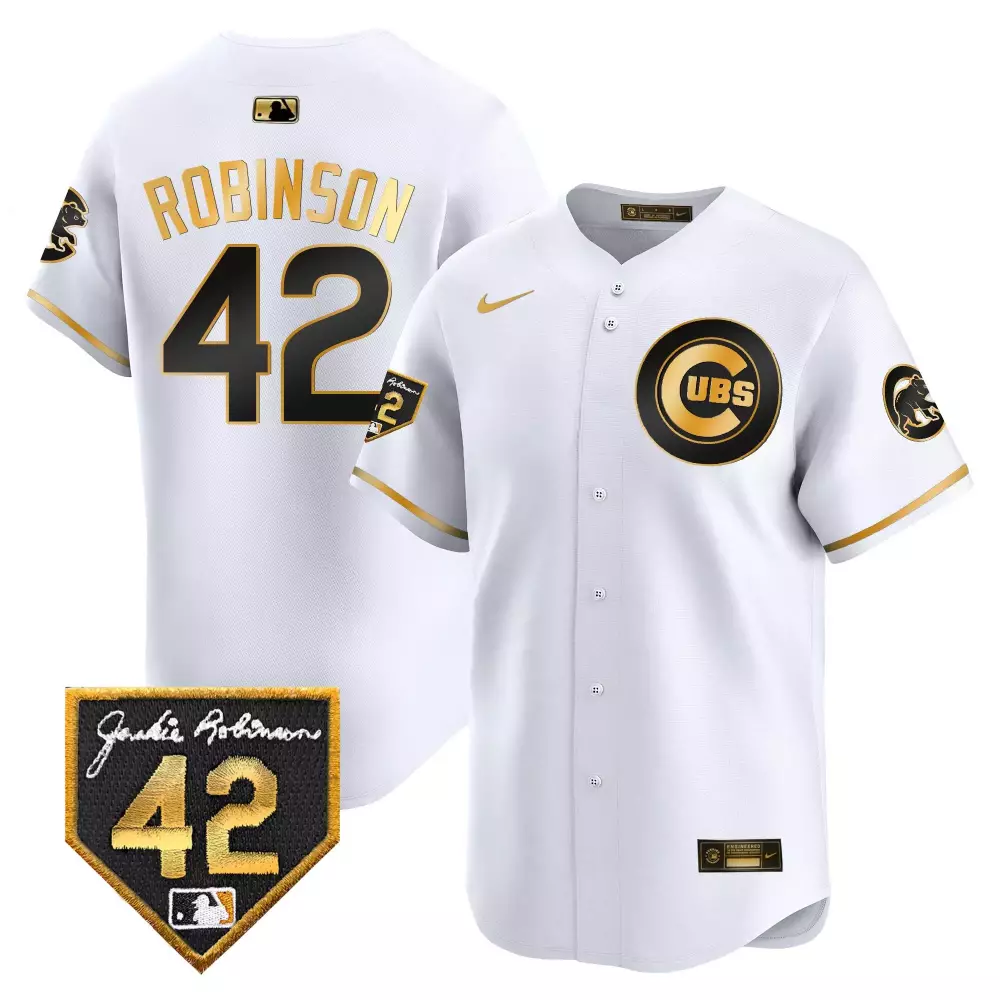 Jackie Robinson White Gold Cubs 2024 Limited Edition Jersey | Stitched Vapor Premier Fan Gear | For Men, Women & Youth