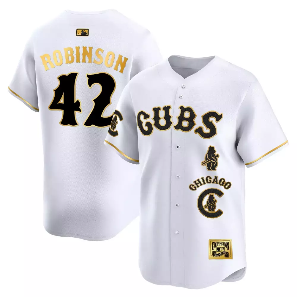 Jackie Robinson White Gold Cubs 2024 Limited Edition Jersey | Stitched Vapor Premier Fan Gear | For Men, Women & Youth