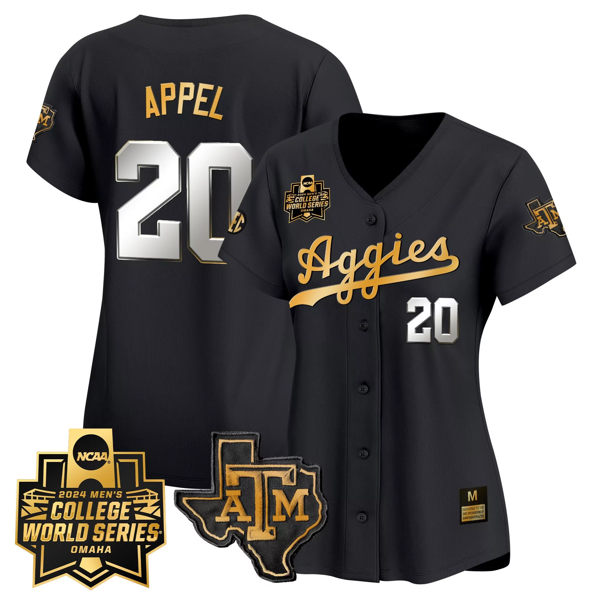jackson appel black gold womens texas am aggies 2024 college world series vapor premier limited jersey all stitched