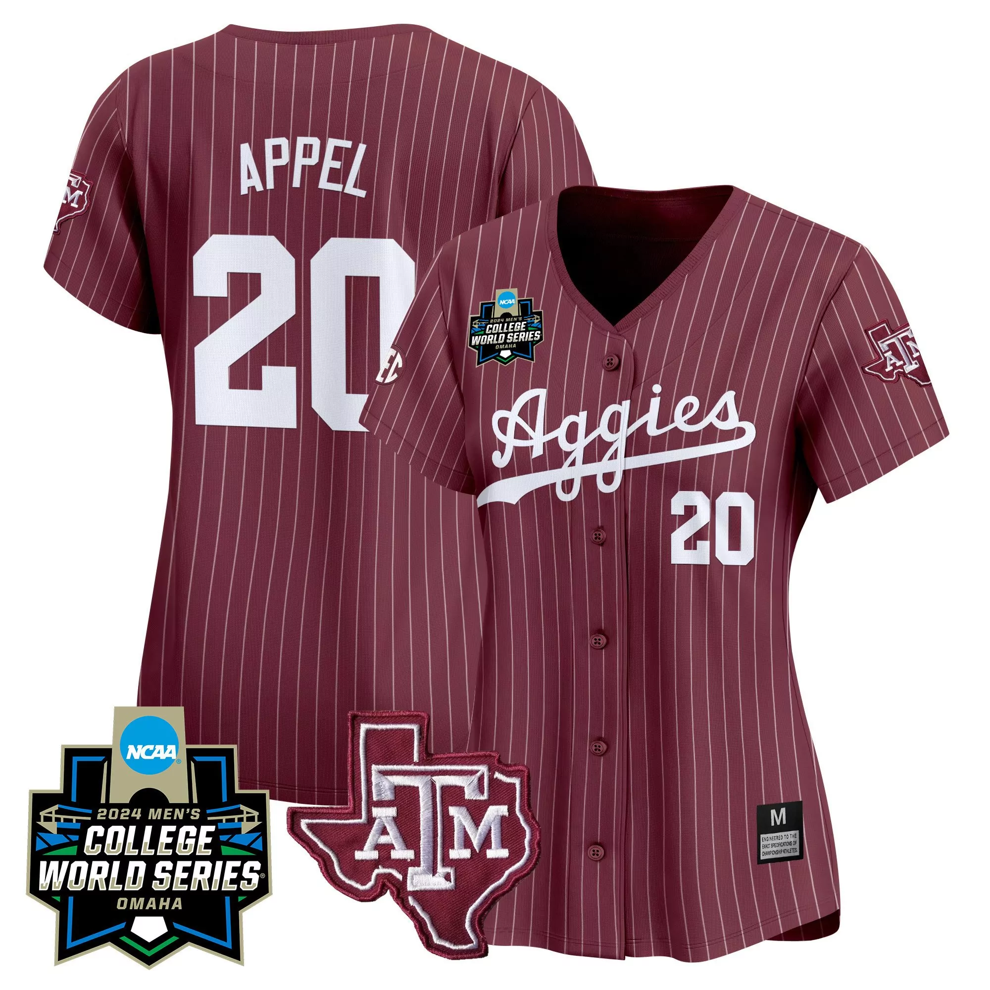 jackson appel maroon pinstripe womens texas am aggies 2024 college world series vapor premier limited jersey all stitche