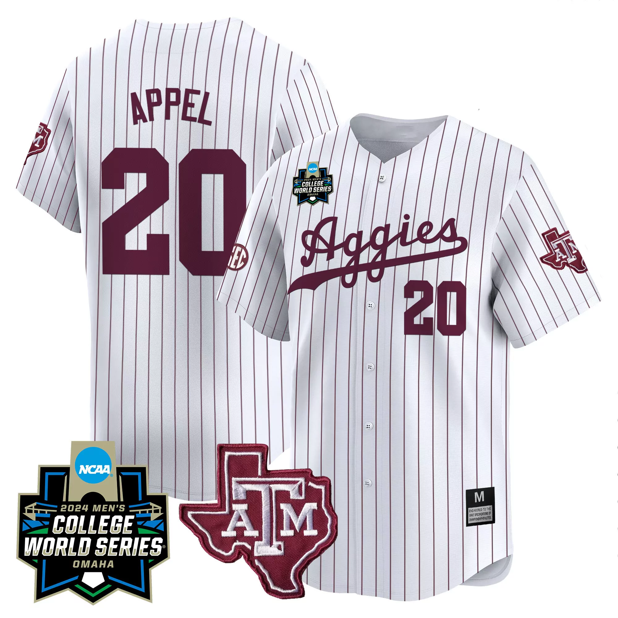 jackson appel white pinstripe mens texas am aggies 2024 college world series vapor premier limited jersey all stitched