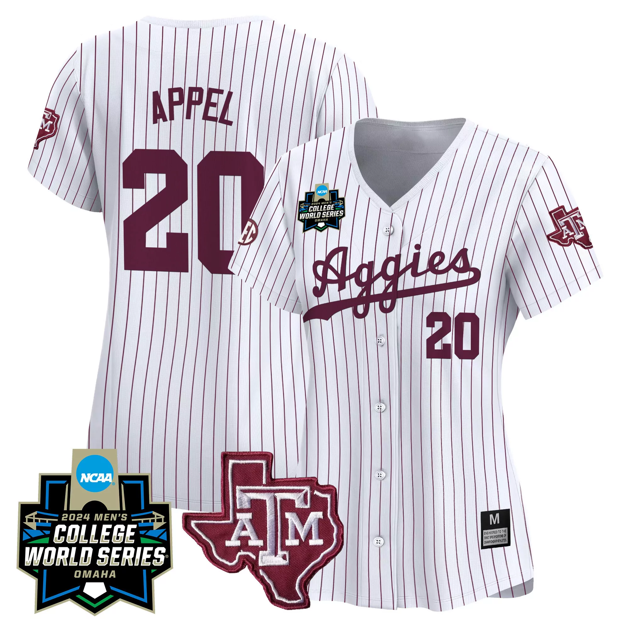 jackson appel white pinstripe mens texas am aggies 2024 college world series vapor premier limited jersey all stitched