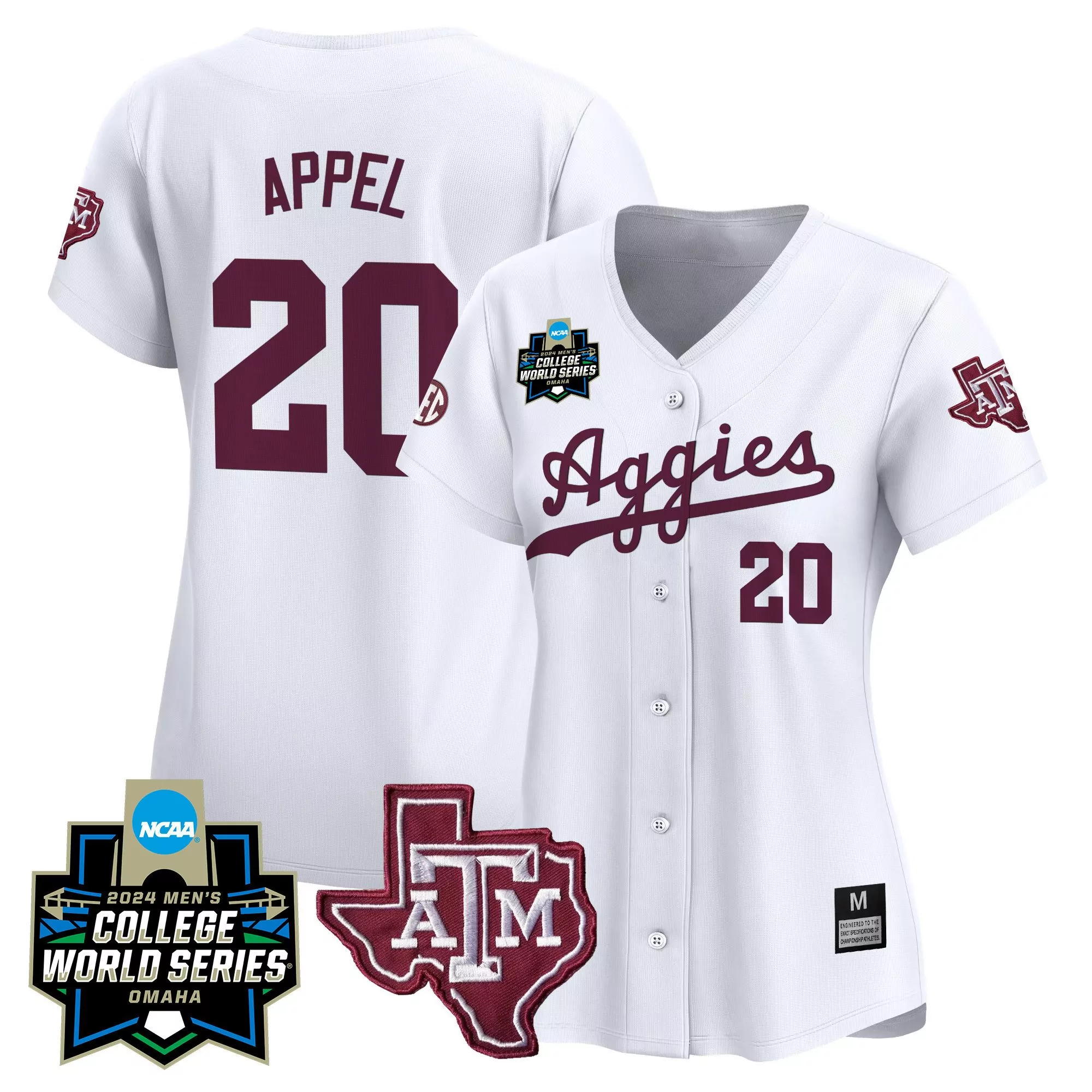 jackson appel white pinstripe mens texas am aggies 2024 college world series vapor premier limited jersey all stitched