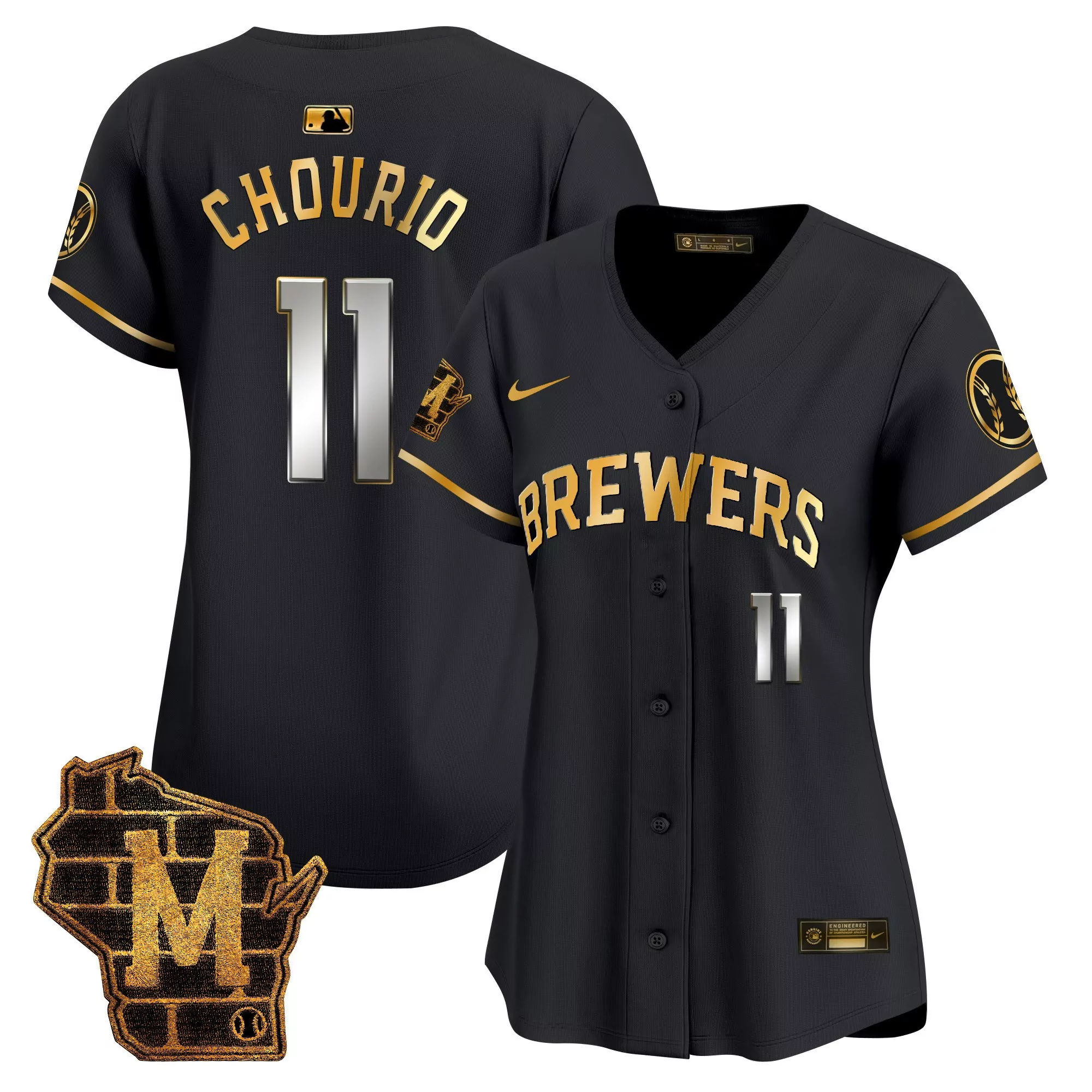 jackson chourio black gold womens milwaukee brewers home patch vapor premier limited jersey all stitched