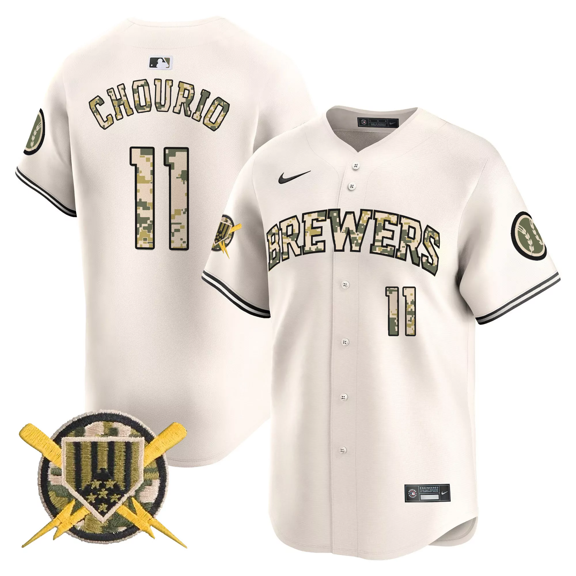 jackson chourio cream mens milwaukee brewers armed forces day vapor premier limited jersey all stitched