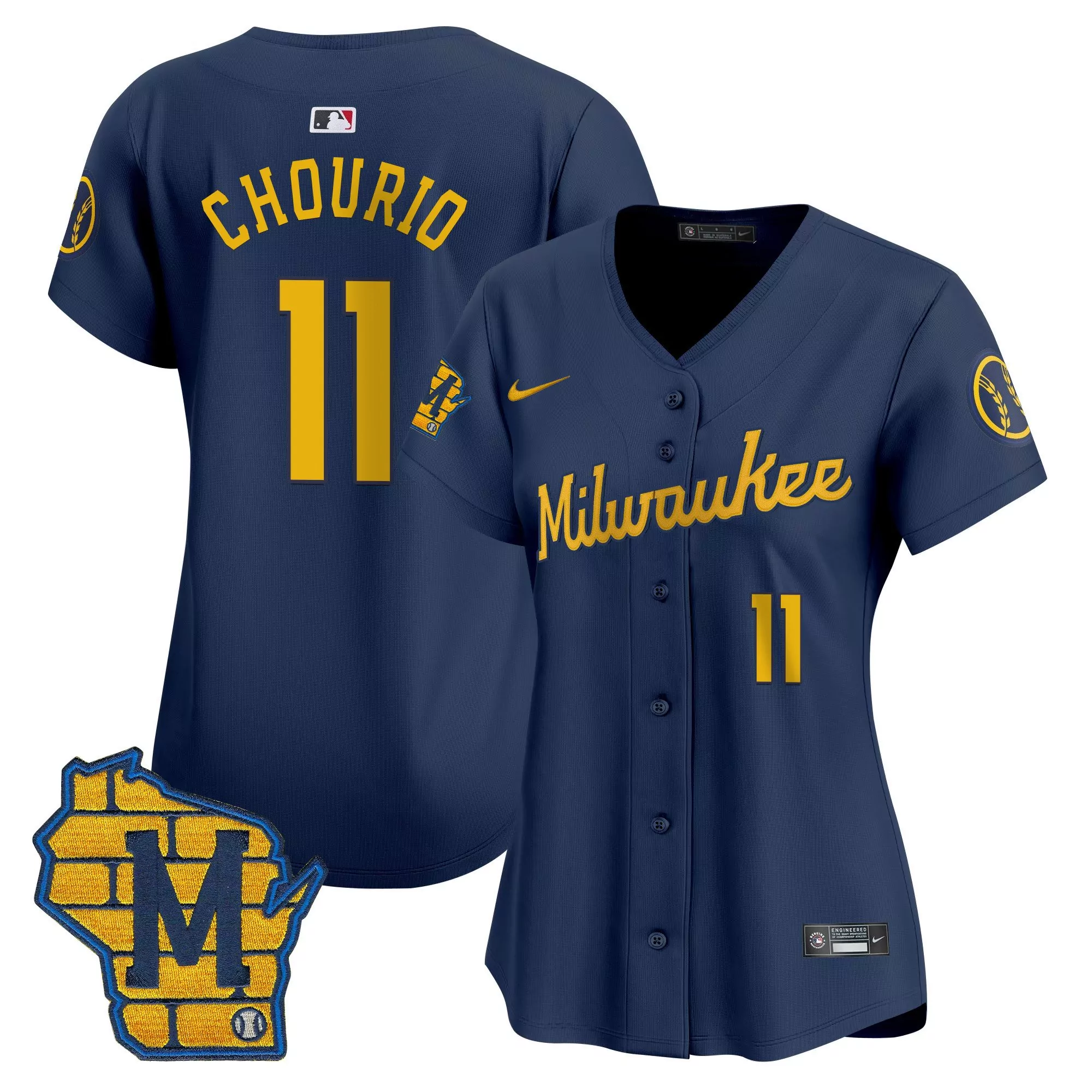 jackson chourio navy womens milwaukee brewers home patch vapor premier limited jersey all stitched