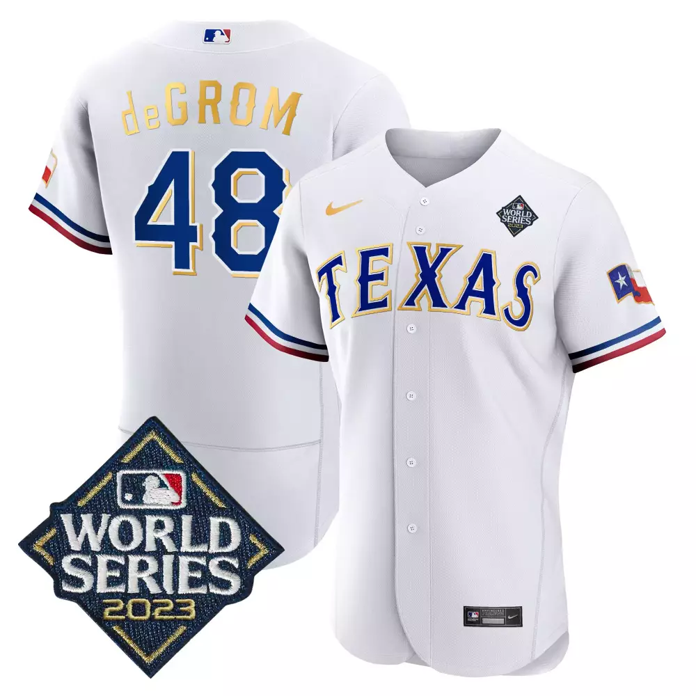 jacob degrom white mens texas rangers 2023 world series flex base gold trim jersey v2 all stitched