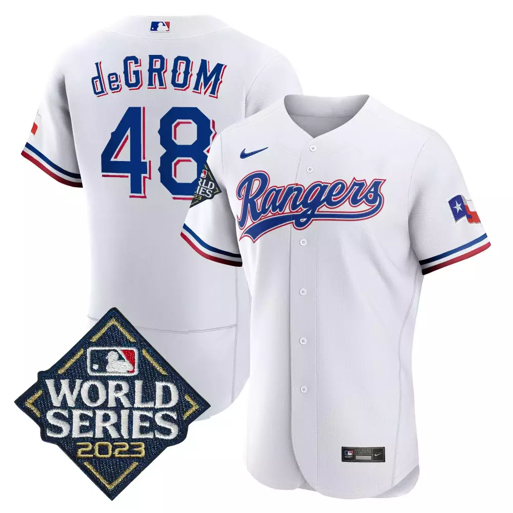 jacob degrom white mens texas rangers 2023 world series flex base gold trim jersey v2 all stitched