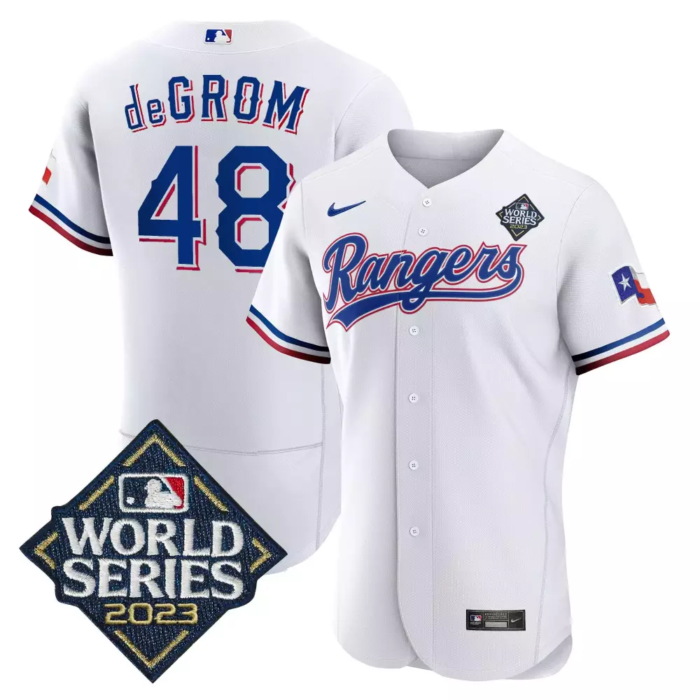 jacob degrom white mens texas rangers 2023 world series flex base gold trim jersey v2 all stitched
