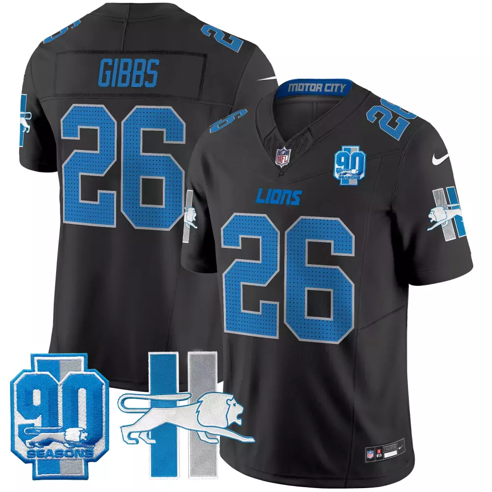 jahmyr gibbs black limited mens detroit lions 2024 michigan patch gold vapor jersey all stitched