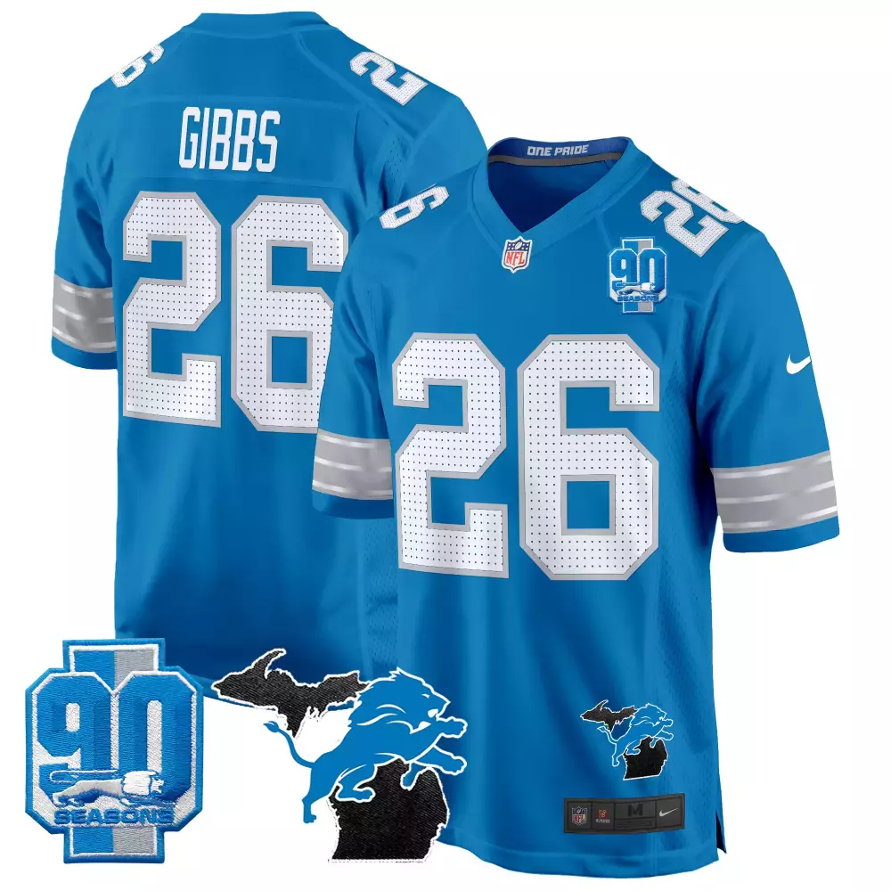 Jahmyr Gibbs Blue Men's 2024 Michigan 90th Year Patch Game Jersey | Stitched Fan Gear | For Men, Women & Youth
