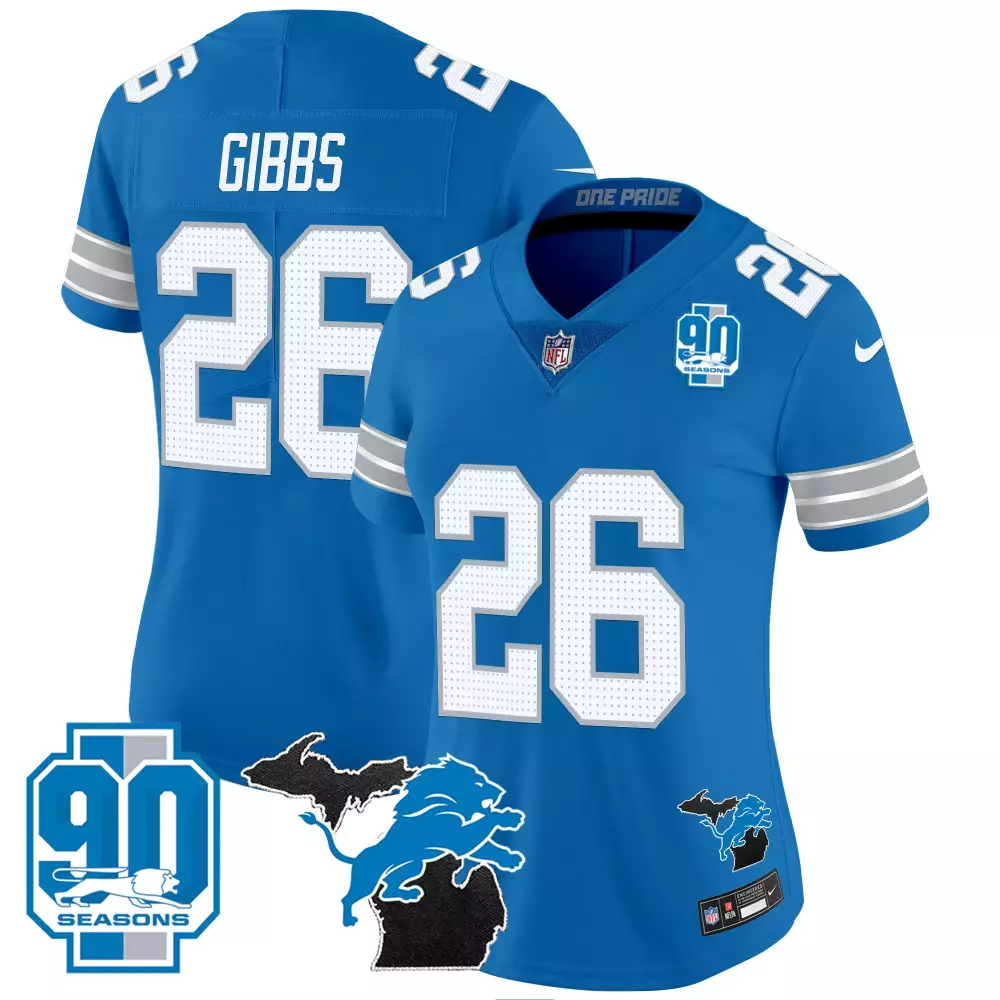 jahmyr gibbs blue womens detroit lions 2024 michigan 90th year patch vapor jersey all stitched