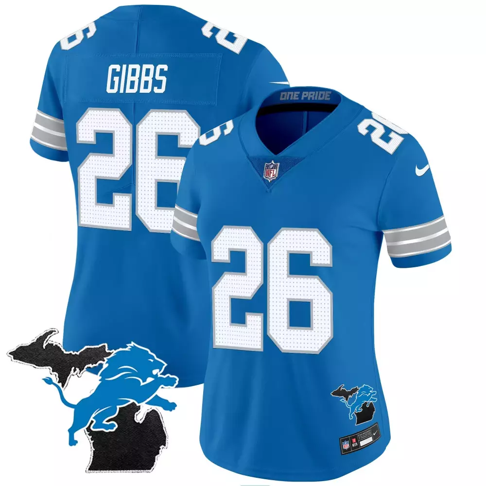 jahmyr gibbs blue womens detroit lions 2024 michigan 90th year patch vapor jersey all stitched