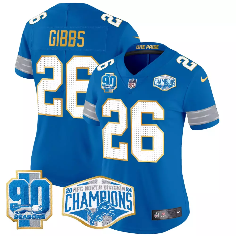 jahmyr gibbs blue womens detroit lions 2024 michigan 90th year patch vapor jersey all stitched