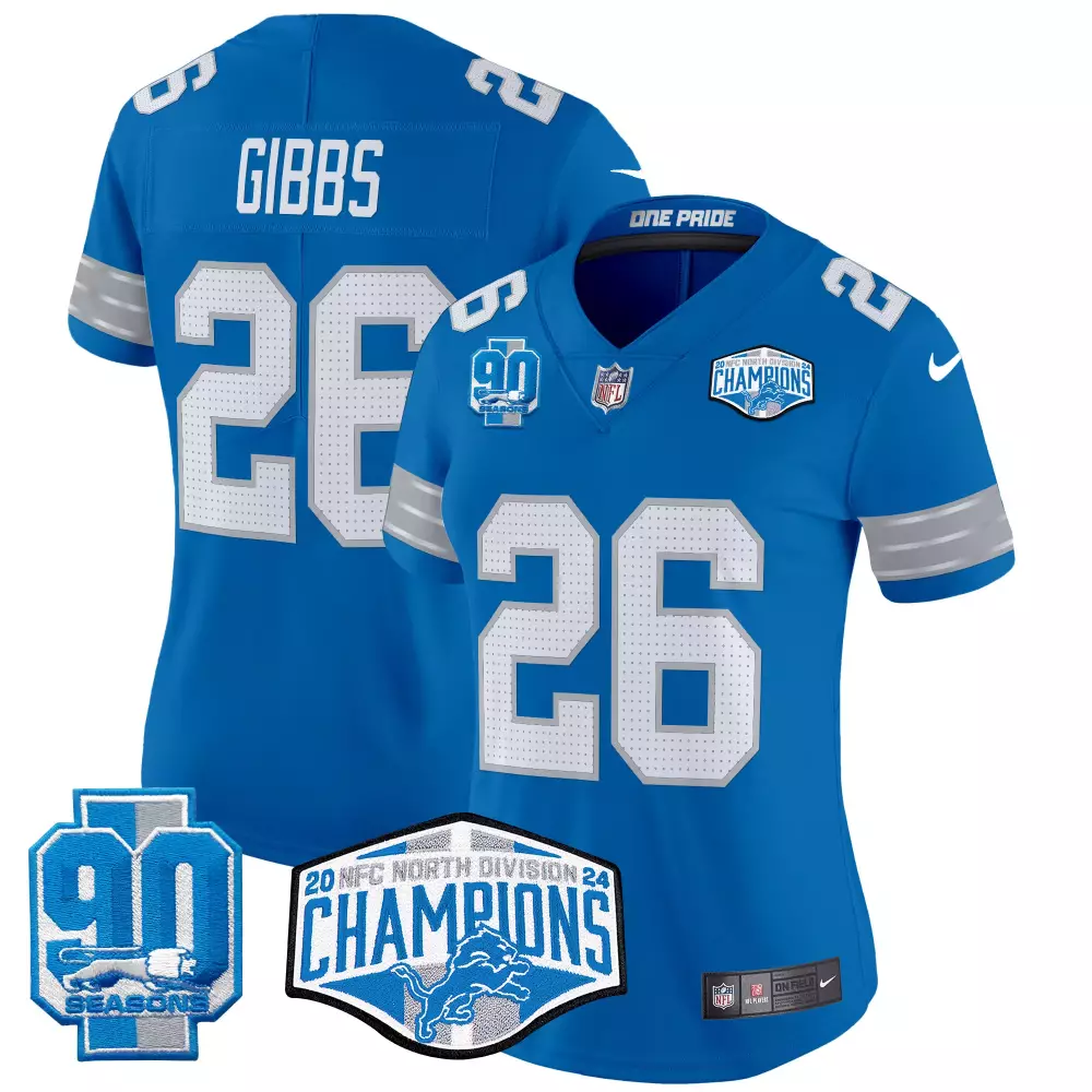 jahmyr gibbs blue womens detroit lions 2024 michigan 90th year patch vapor jersey all stitched