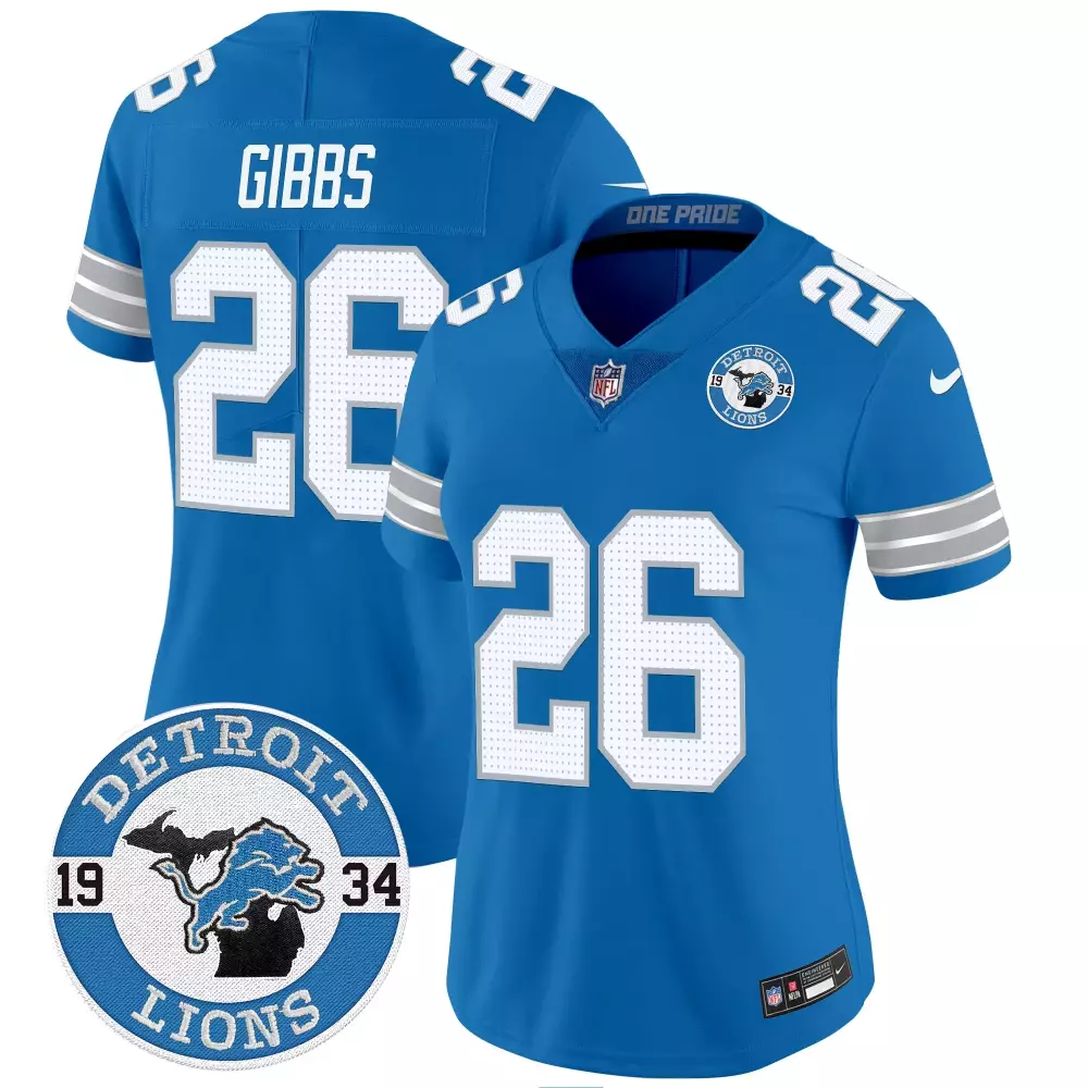 jahmyr gibbs blue womens detroit lions 2024 michigan 90th year patch vapor jersey all stitched