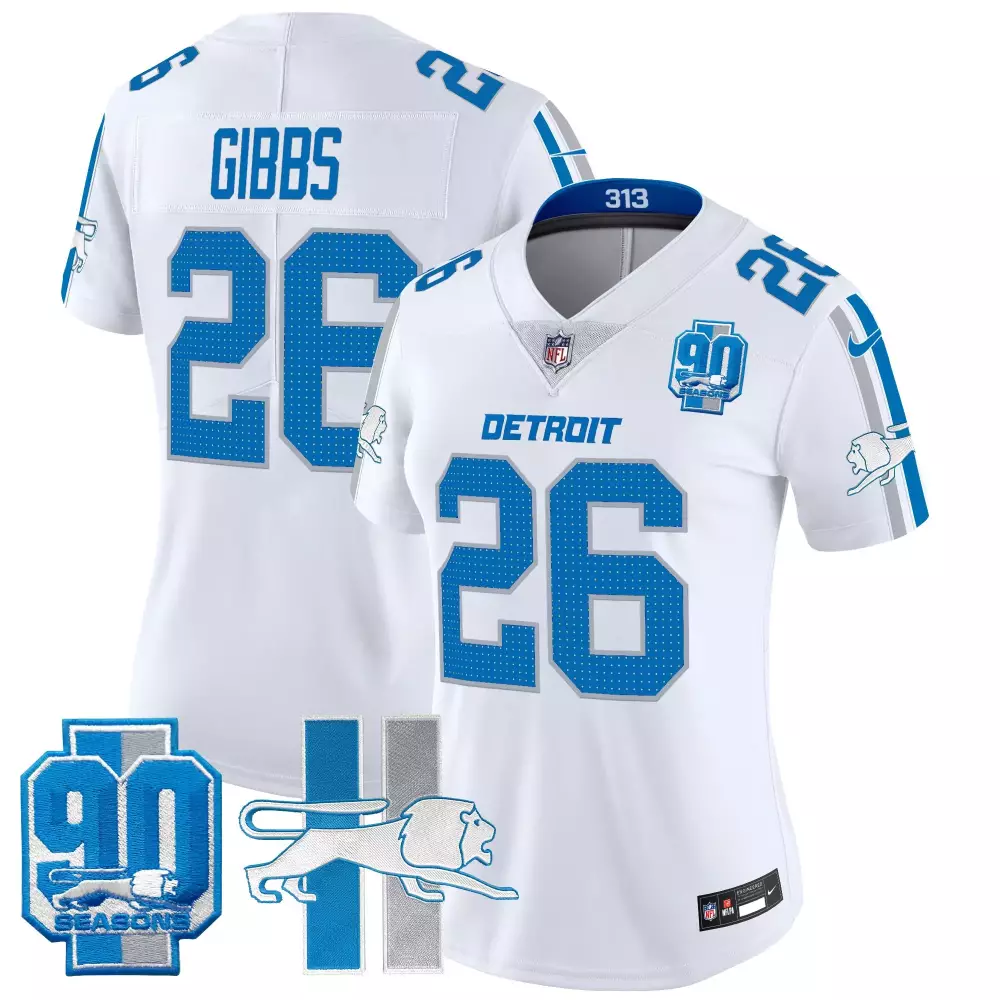 jahmyr gibbs white womens detroit lions throwback 90th year patch vapor limited jersey all stitched