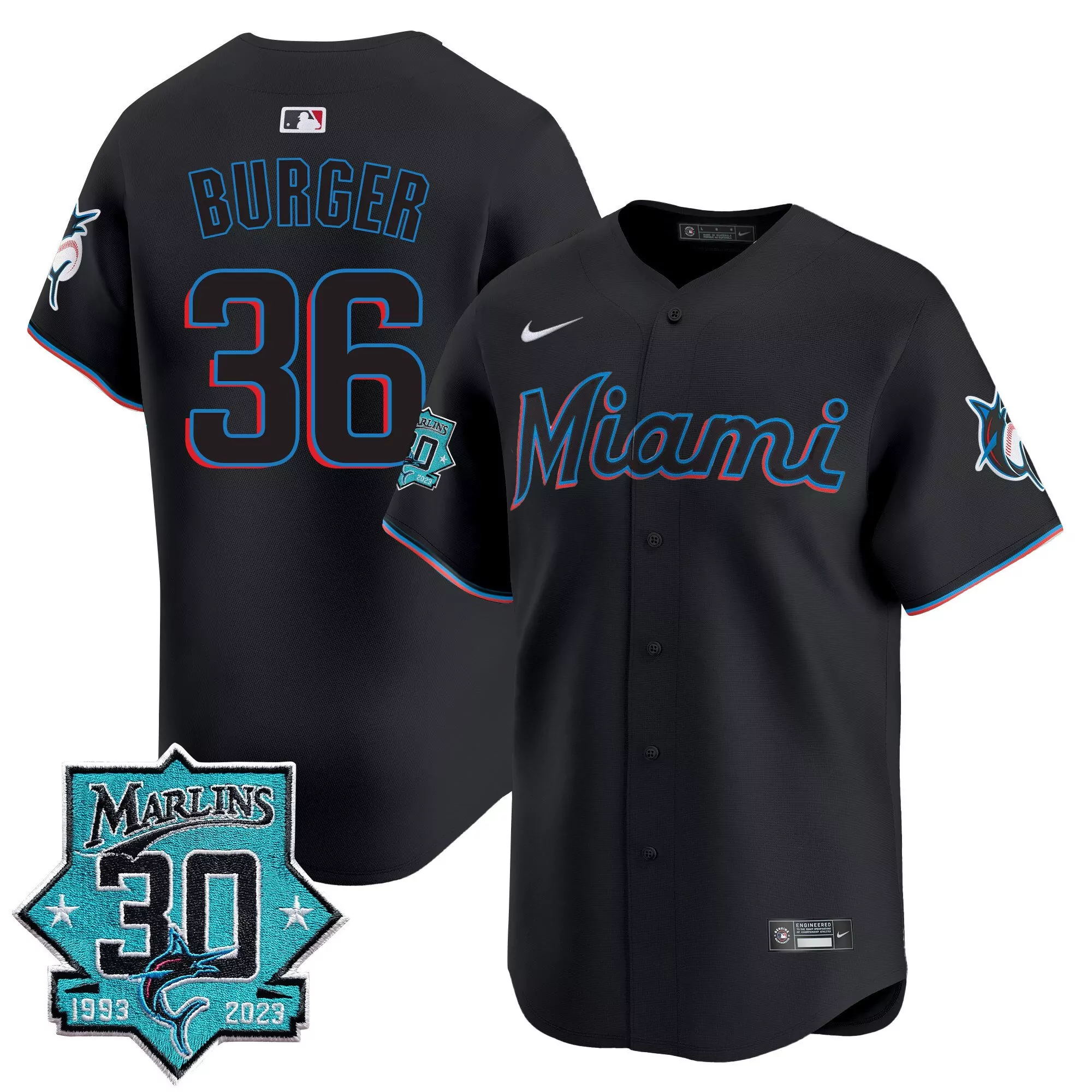 jake burger black mens miami marlins 30 seasons anniversary patch vapor premier limited jersey all stitched