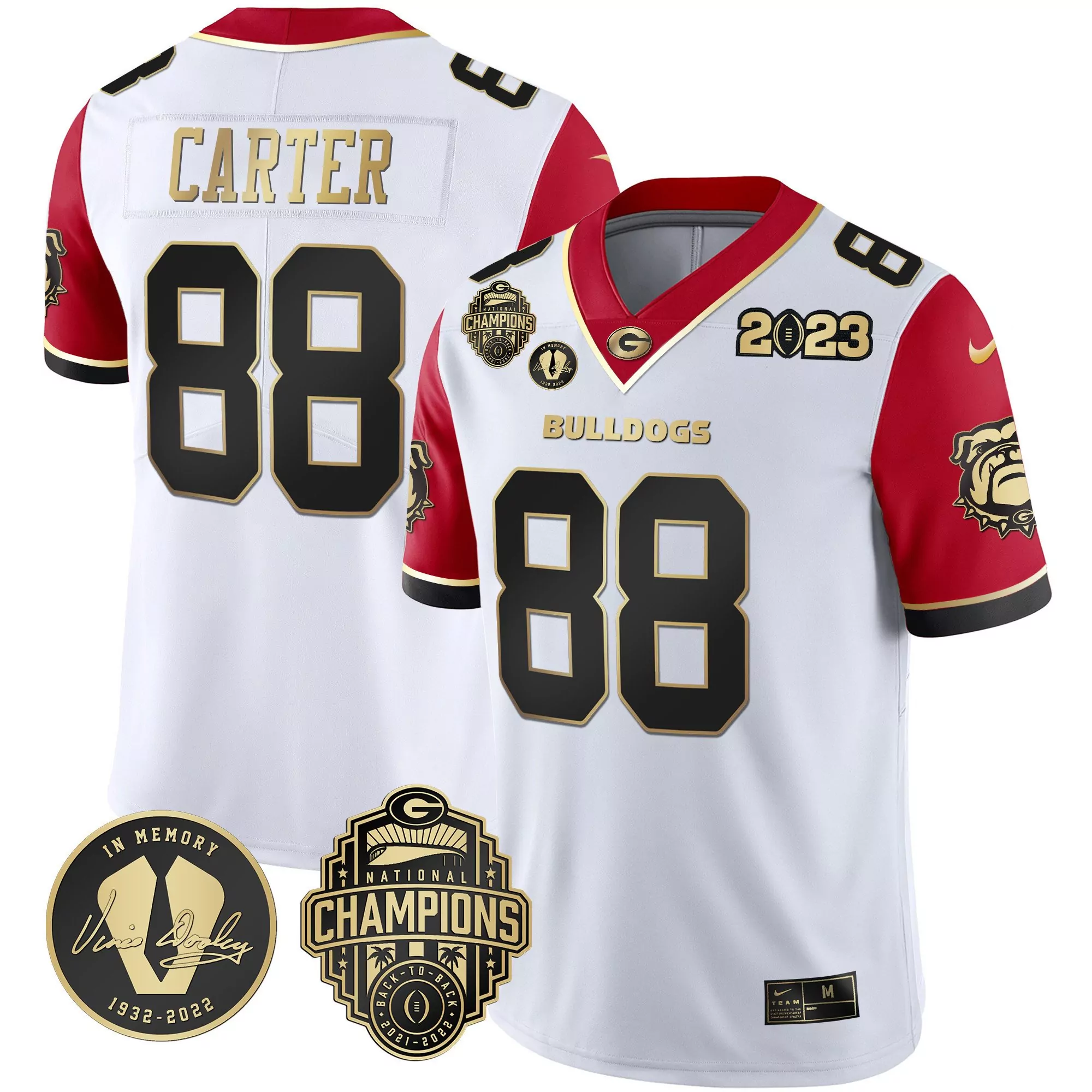 jalen carter red sleeves mens georgia bulldogs 2023 champions vince dooley patch gold jersey all stitched
