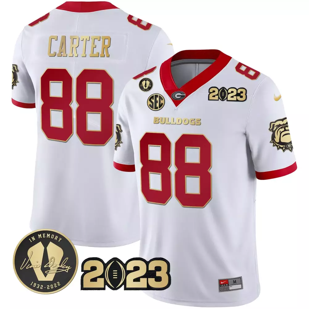 Jalen Carter 2023 Champions Jersey | White Gold Trim with White Red Gold | All Stitched | For Men, Women & Youth