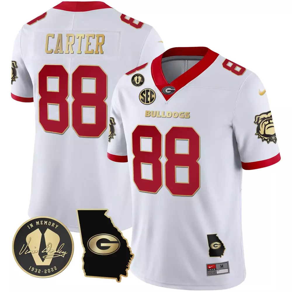 Jalen Carter 2023 Vapor Jersey | White Gold Trim with Georgia Map | All Stitched | For Men, Women & Youth
