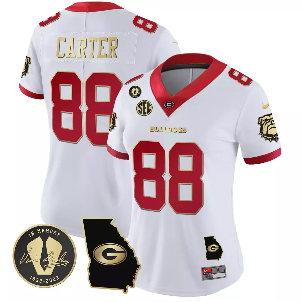 Jalen Carter Women's 2023 Vapor Jersey | White Gold Trim with Georgia Map | Stitched Fan Gear for Game Day | For Men, Women & Youth