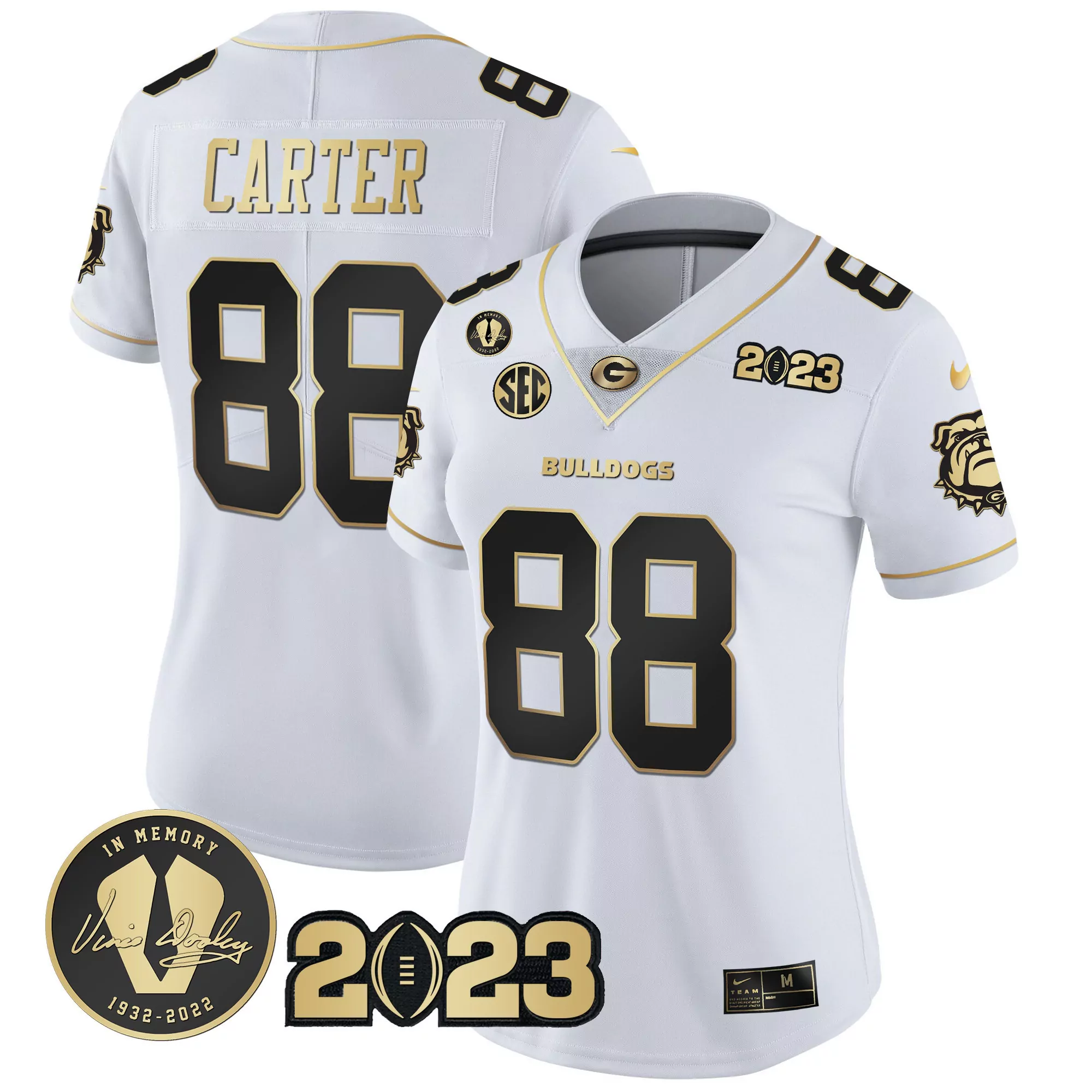 jalen carter white gold womens georgia bulldogs 2023 champions gold jersey all stitched