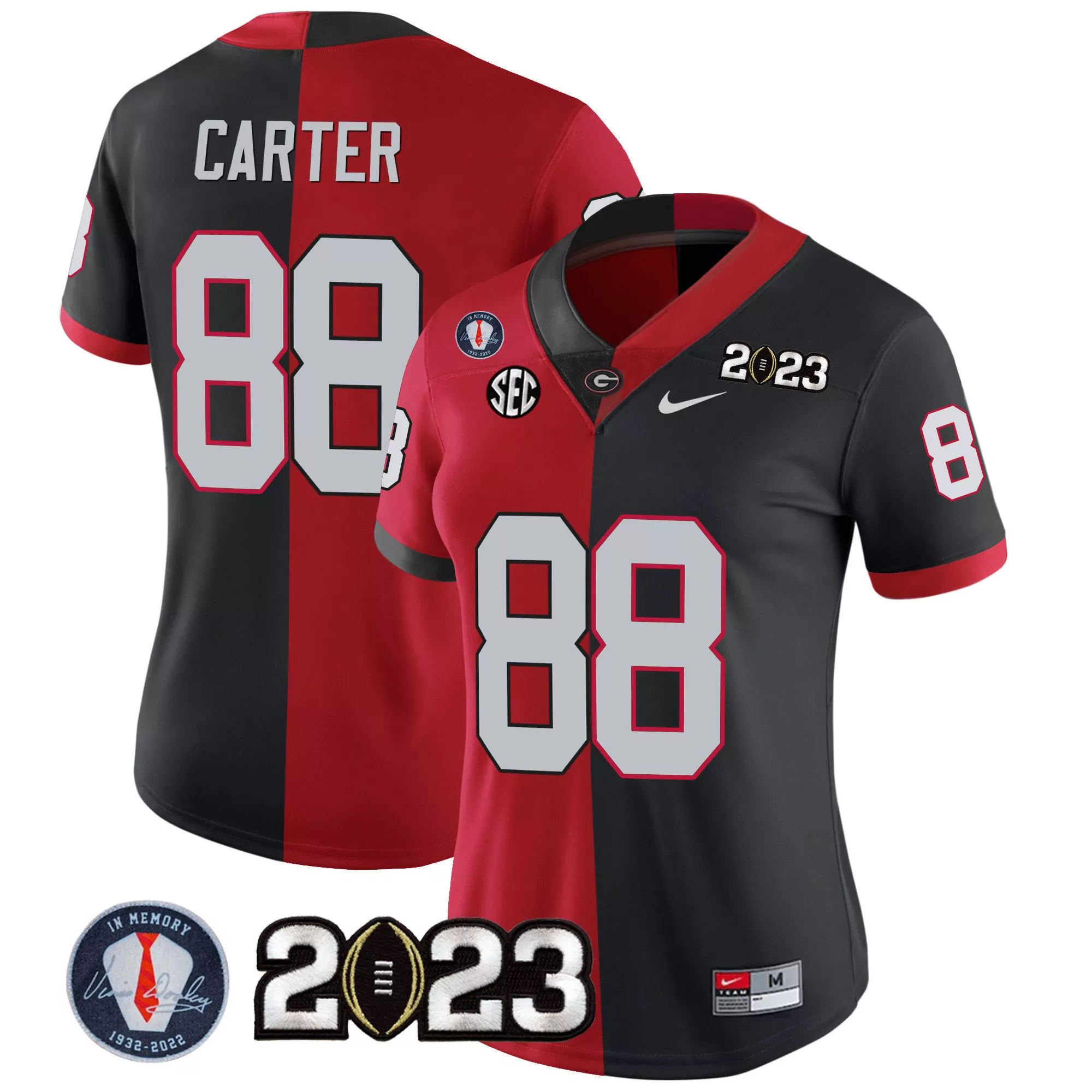 jalen carter women georgia bulldogs 2023 champions split red black jersey all stitched