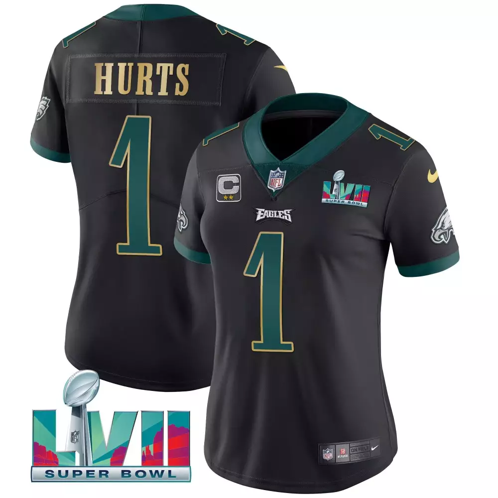 jalen hurts black gold trim womens philadelphia eagles super bowl lvii gold trim jersey all stitched