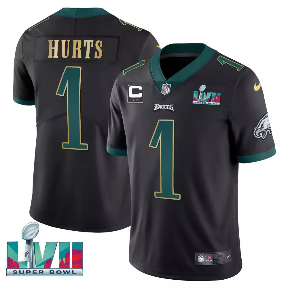 jalen hurts black gold trim womens philadelphia eagles super bowl lvii gold trim jersey all stitched
