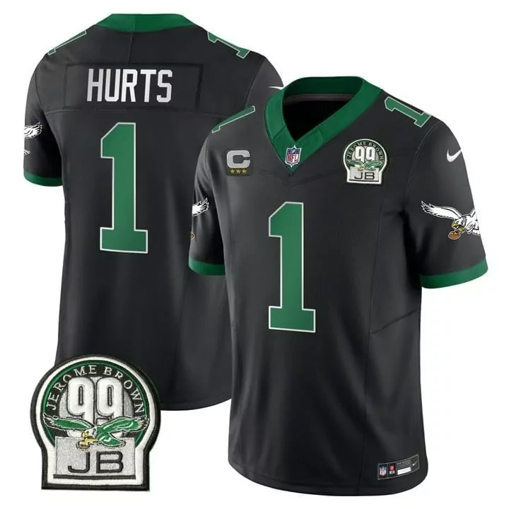 jalen hurts black mens philadelphia eagles jerome brown patch kelly green alternate jersey v2 all stitched