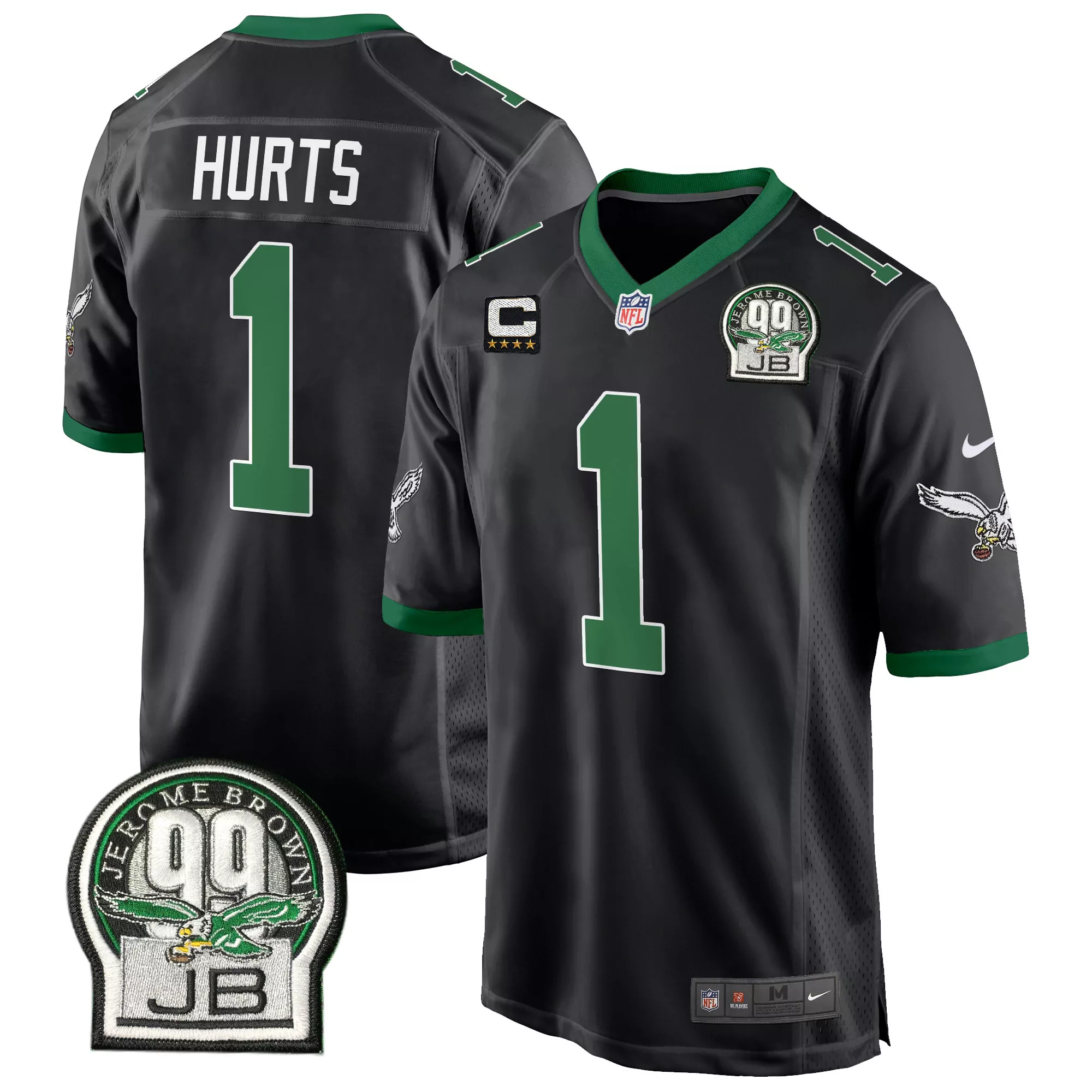 jalen hurts black mens philadelphia eagles jerome brown patch kelly green alternate jersey v2 all stitched
