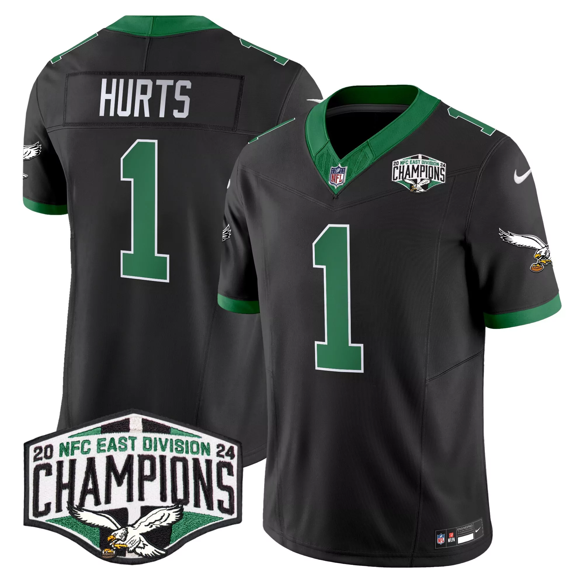 jalen hurts black mens philadelphia eagles jerome brown patch kelly green alternate jersey v2 all stitched